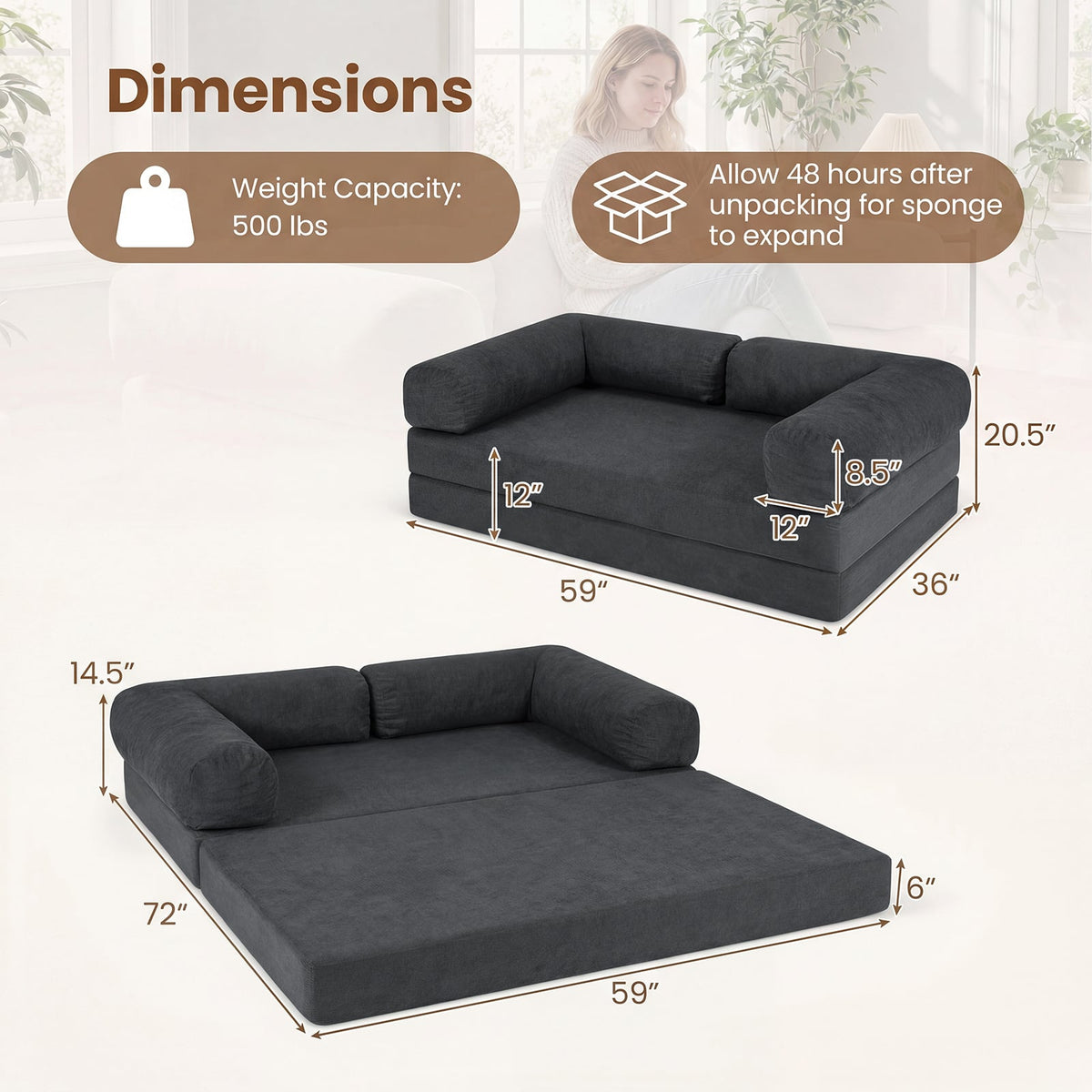 4-in-1 Convertible Folding Sofa Bed - Gray Corduroy Floor Lounger-Sofas & Loveseats-DECOROLALA