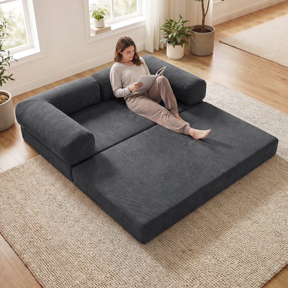 4-in-1 Convertible Folding Sofa Bed - Gray Corduroy Floor Lounger-Sofas & Loveseats-DECOROLALA