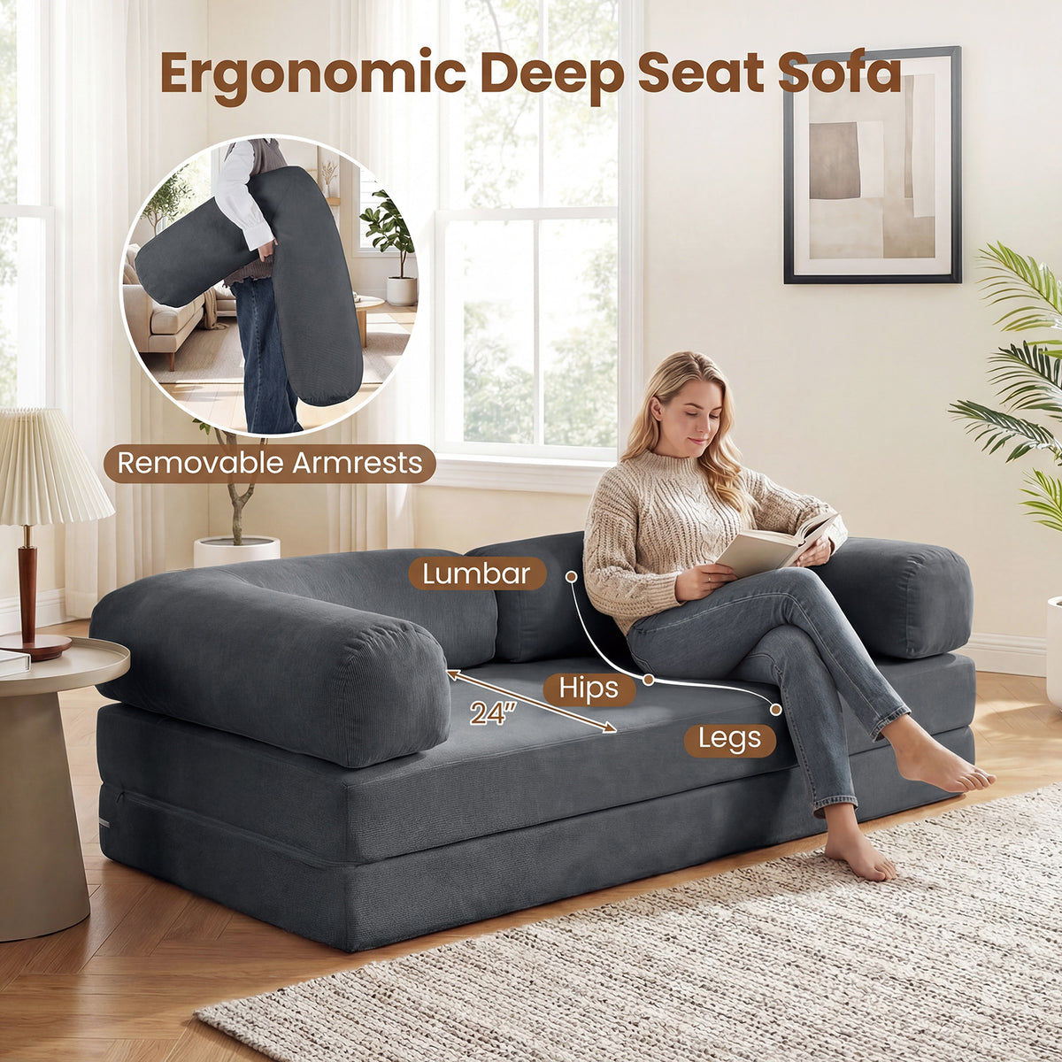 4-in-1 Convertible Folding Sofa Bed - Gray Corduroy Floor Lounger-Sofas & Loveseats-DECOROLALA