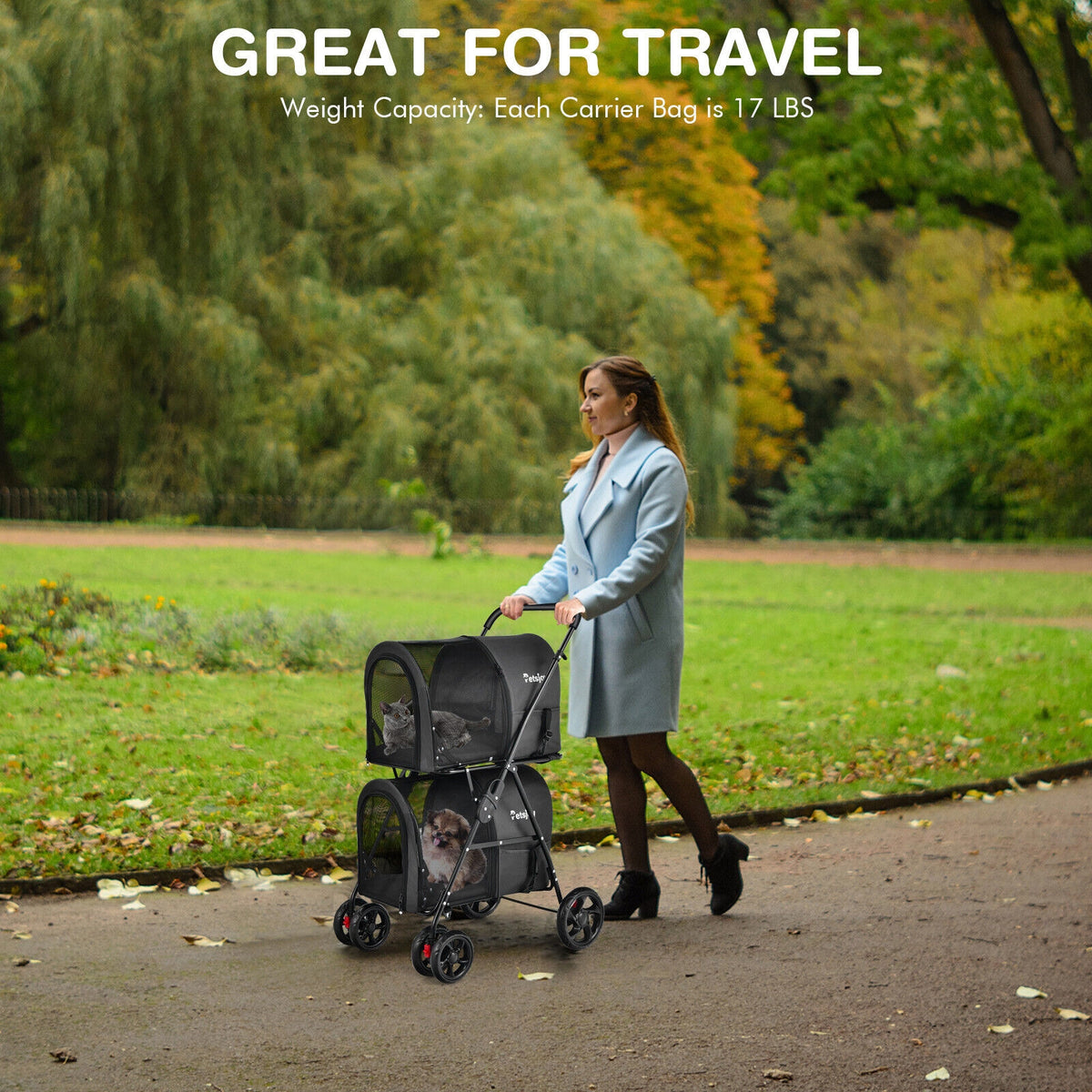 4-in-1 Double Pet Stroller with Detachable Carrier and Travel Carriage-Black-Dog Supplies-DECOROLALA