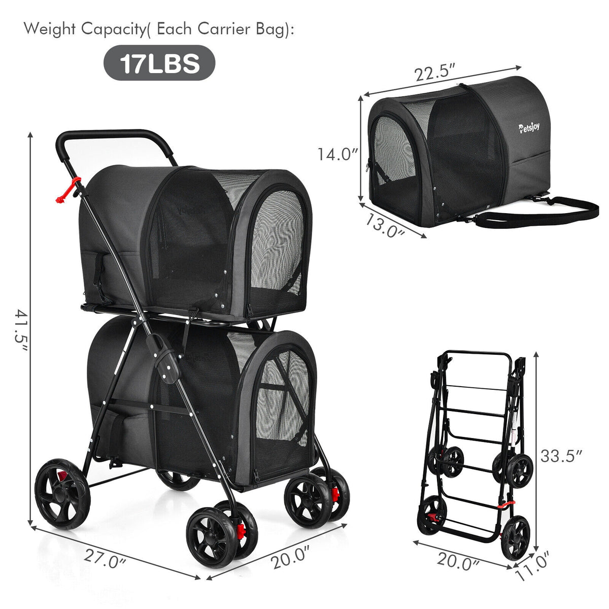 4-in-1 Double Pet Stroller with Detachable Carrier and Travel Carriage-Black-Dog Supplies-DECOROLALA