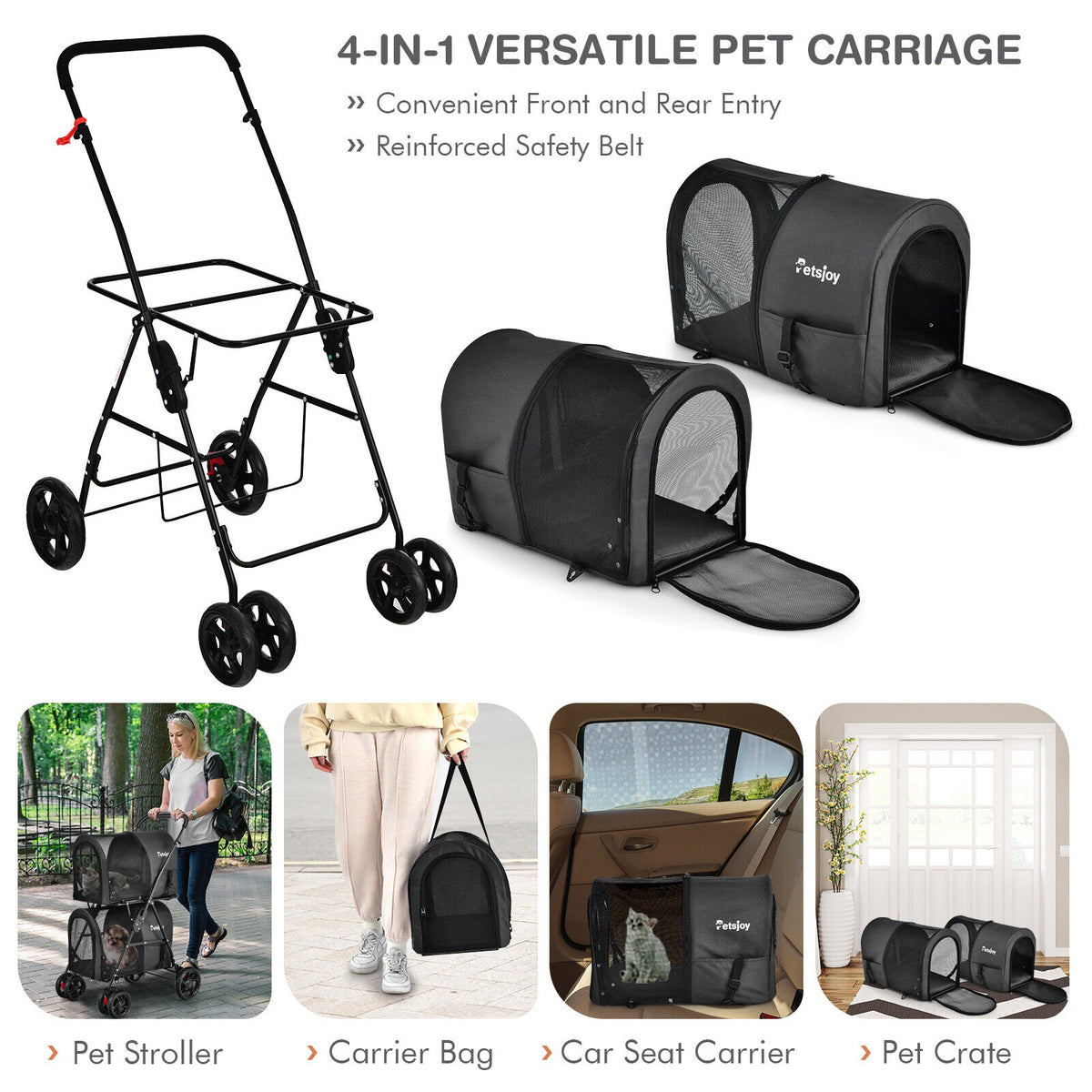4-in-1 Double Pet Stroller with Detachable Carrier and Travel Carriage-Black-Dog Supplies-DECOROLALA