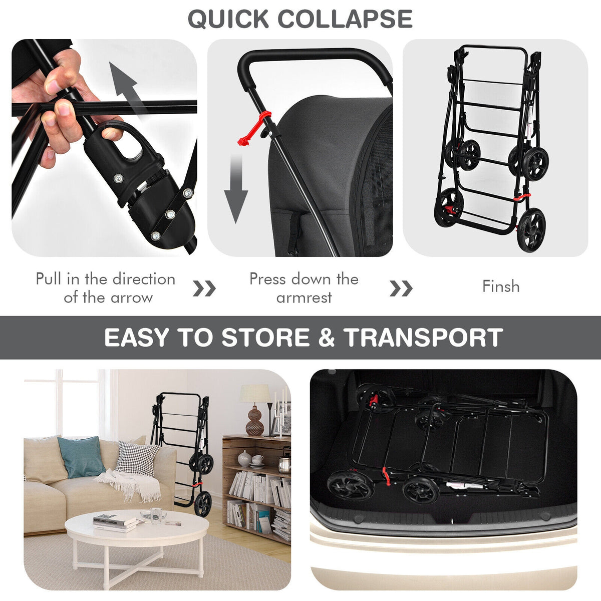 4-in-1 Double Pet Stroller with Detachable Carrier and Travel Carriage-Black-Dog Supplies-DECOROLALA