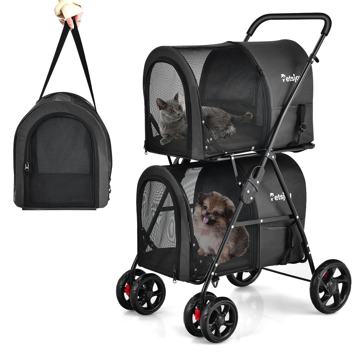 4-in-1 Double Pet Stroller with Detachable Carrier and Travel Carriage-Black-Dog Supplies-DECOROLALA