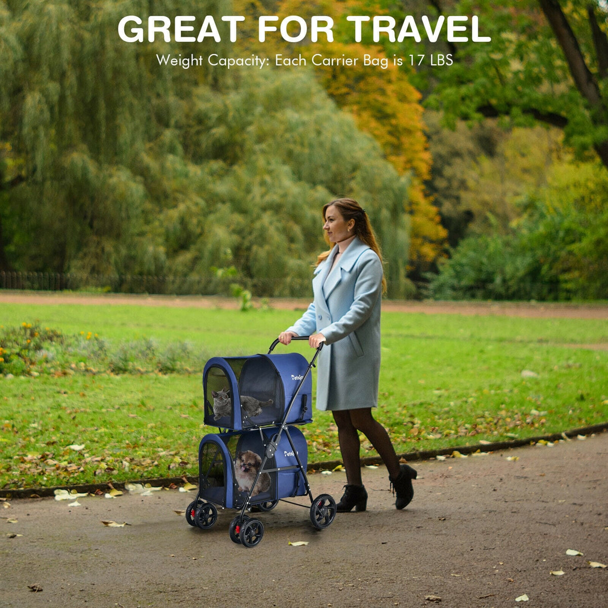 4-in-1 Double Pet Stroller with Detachable Carrier and Travel Carriage-Blue-Dog Supplies-DECOROLALA