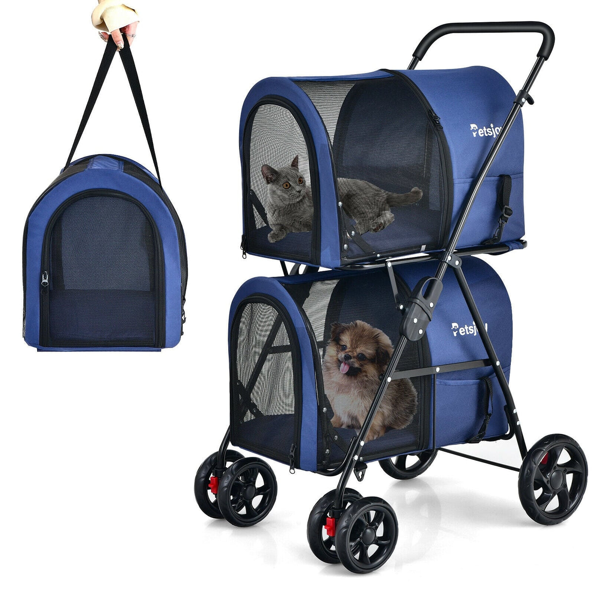 4-in-1 Double Pet Stroller with Detachable Carrier and Travel Carriage-Blue-Dog Supplies-DECOROLALA