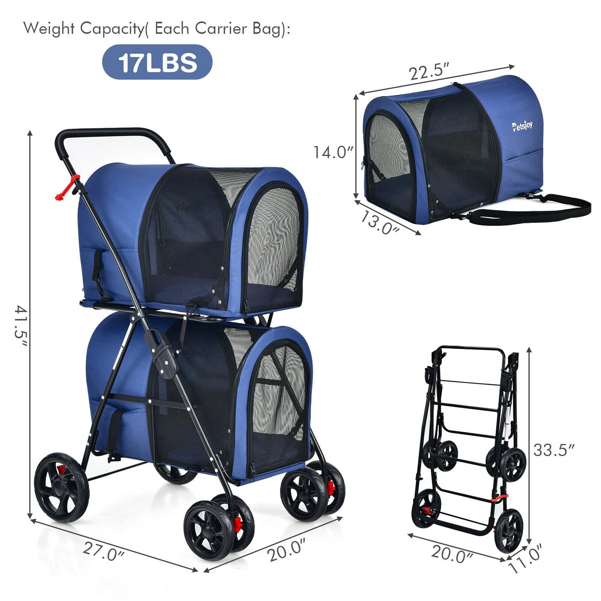 4-in-1 Double Pet Stroller with Detachable Carrier and Travel Carriage-Blue-Dog Supplies-DECOROLALA