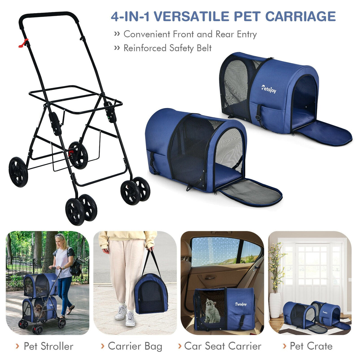 4-in-1 Double Pet Stroller with Detachable Carrier and Travel Carriage-Blue-Dog Supplies-DECOROLALA