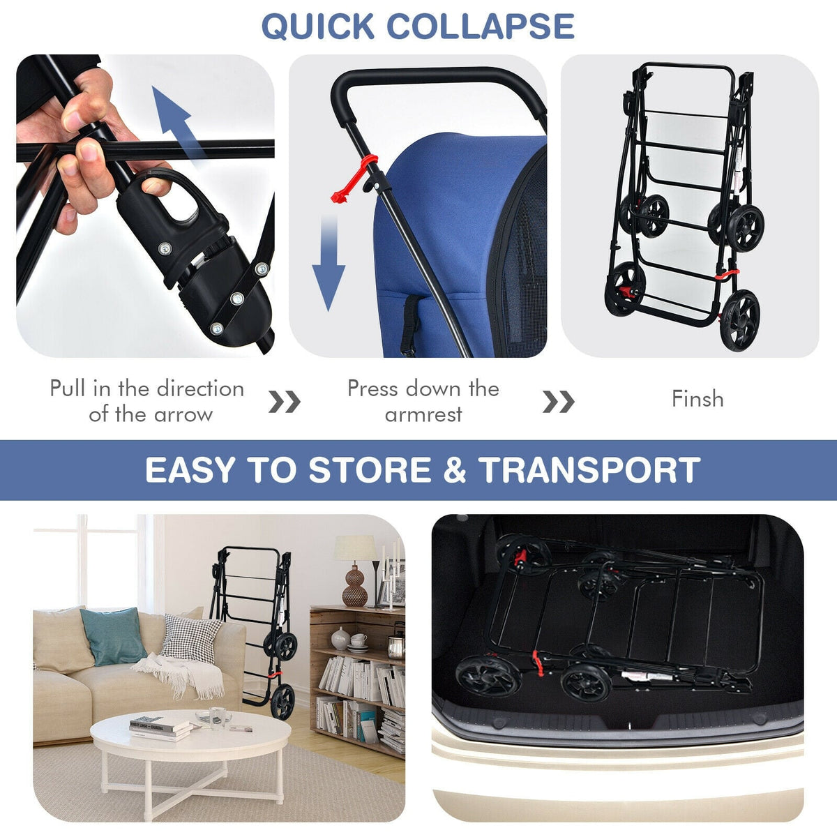 4-in-1 Double Pet Stroller with Detachable Carrier and Travel Carriage-Blue-Dog Supplies-DECOROLALA