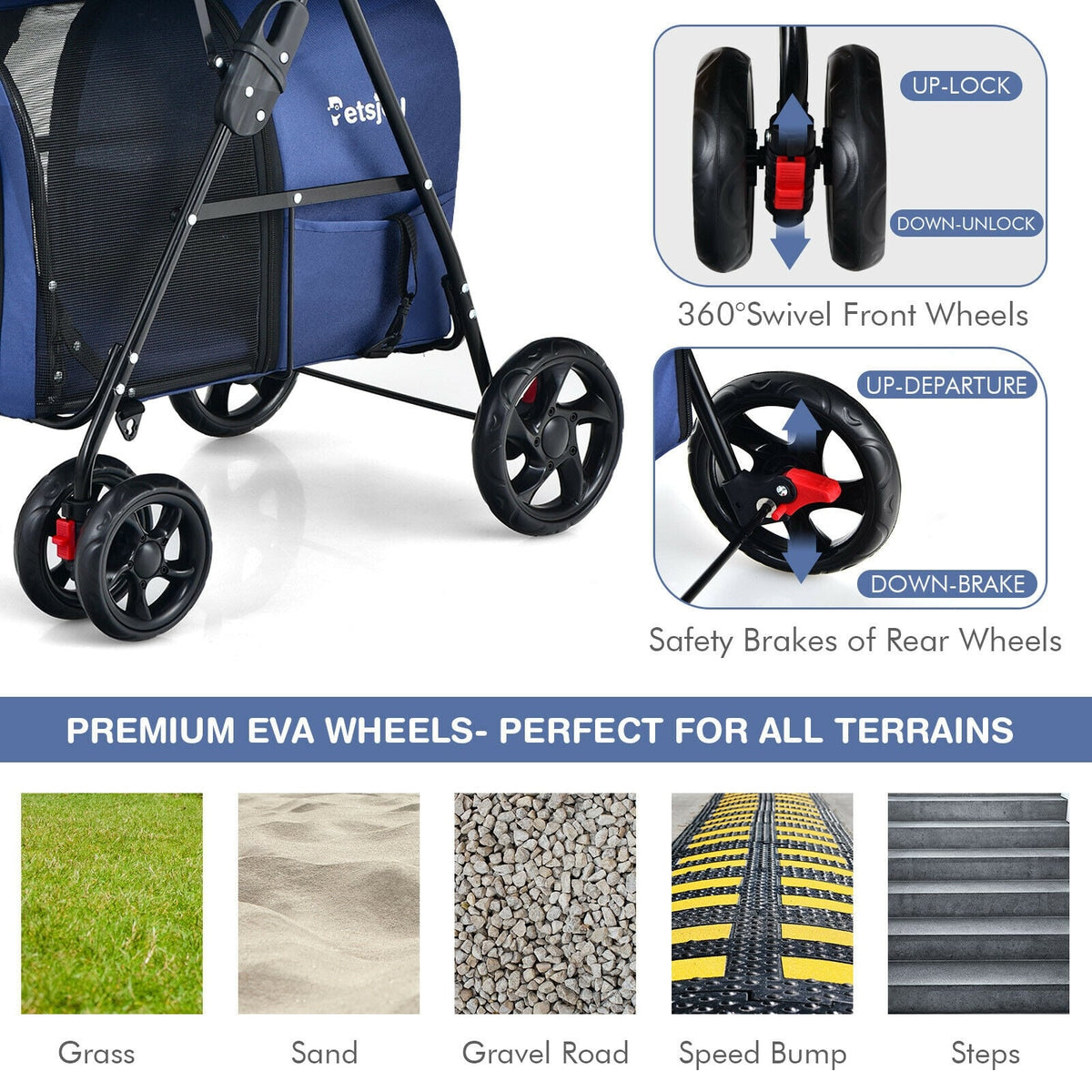 4-in-1 Double Pet Stroller with Detachable Carrier and Travel Carriage-Blue-Dog Supplies-DECOROLALA