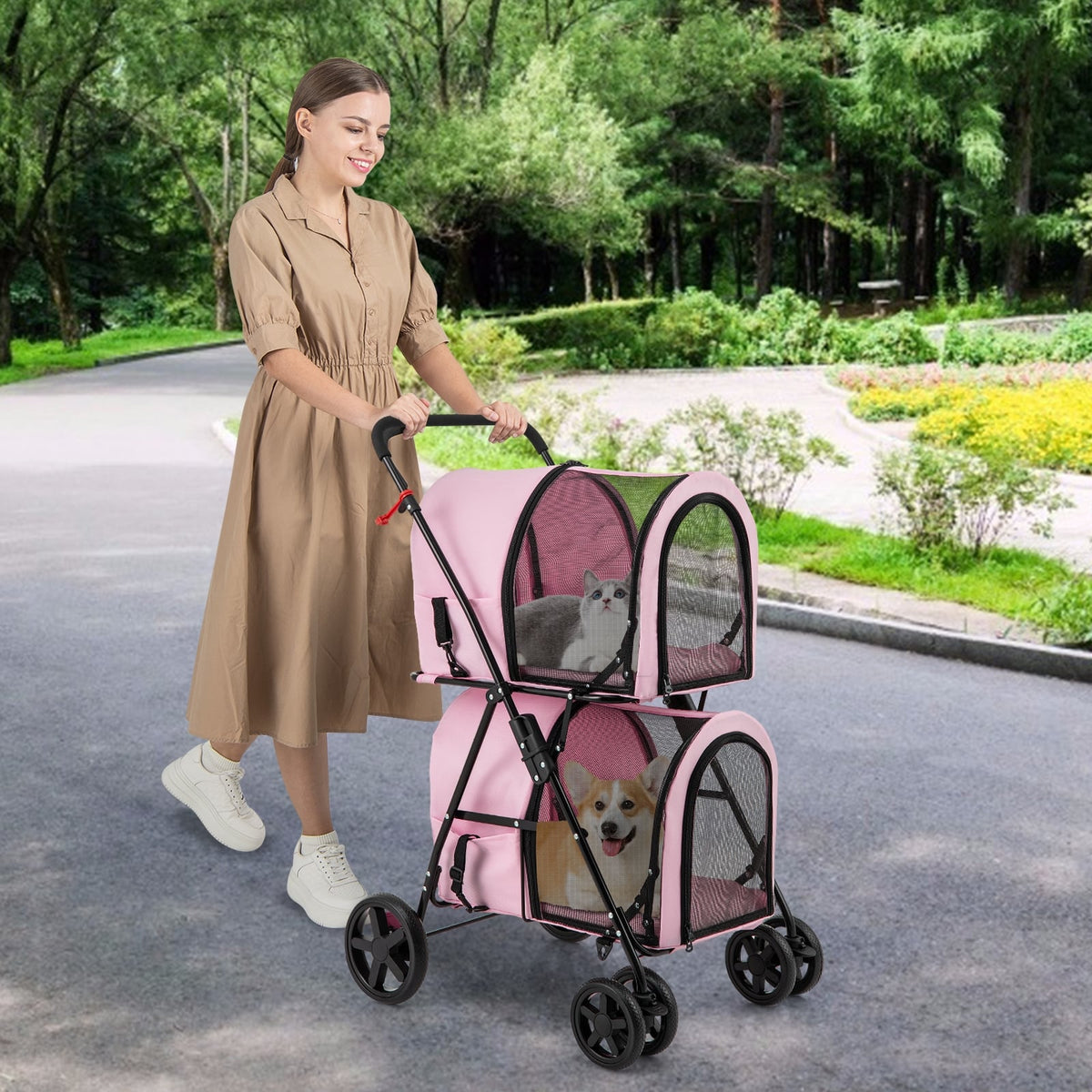 4-in-1 Double Pet Stroller with Detachable Carrier and Travel Carriage-Pink-Dog Supplies-DECOROLALA