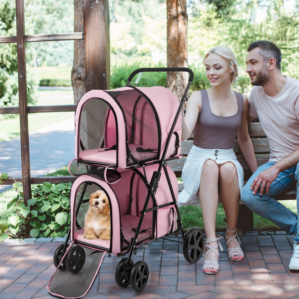 4-in-1 Double Pet Stroller with Detachable Carrier and Travel Carriage-Pink-Dog Supplies-DECOROLALA
