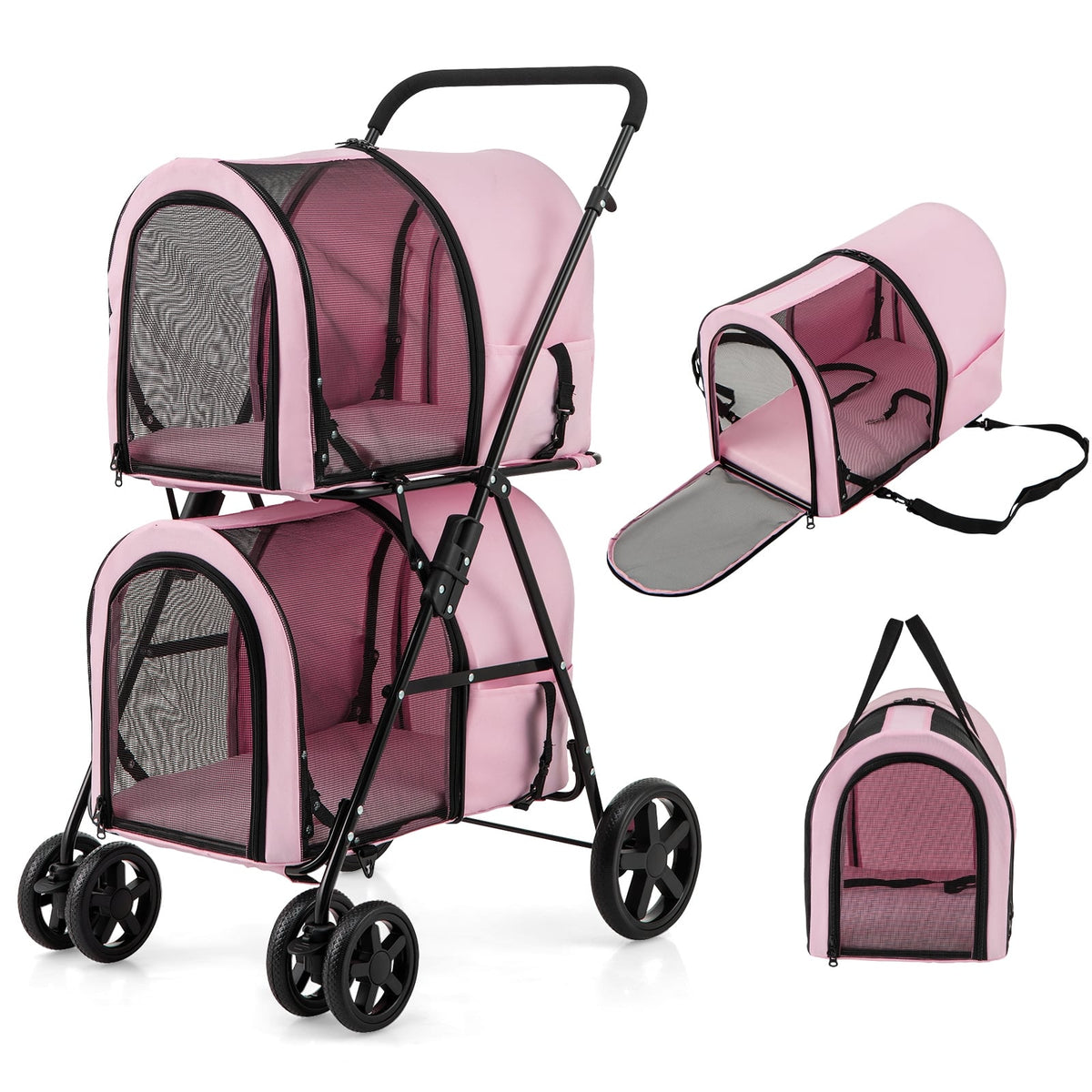 4-in-1 Double Pet Stroller with Detachable Carrier and Travel Carriage-Pink-Dog Supplies-DECOROLALA