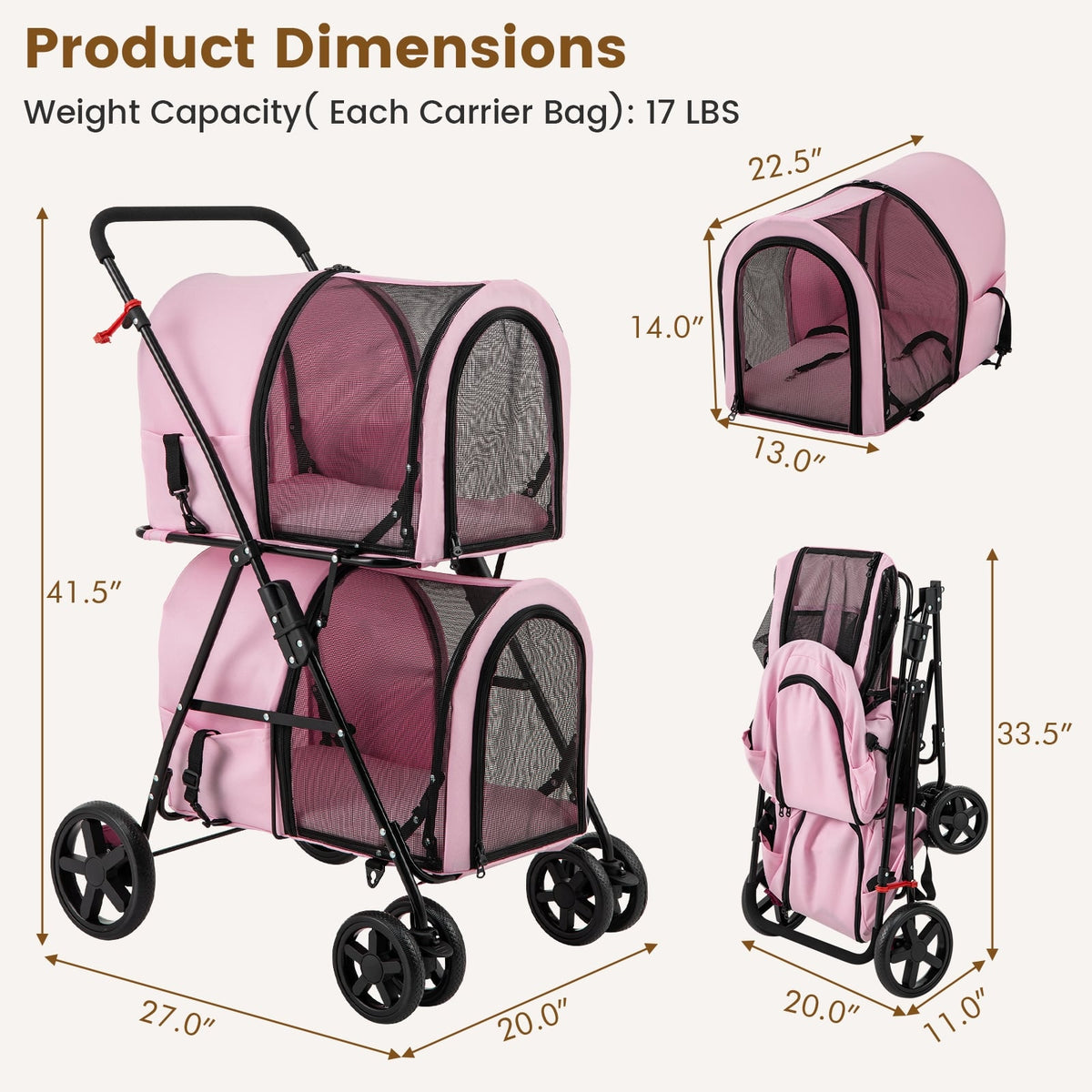 4-in-1 Double Pet Stroller with Detachable Carrier and Travel Carriage-Pink-Dog Supplies-DECOROLALA