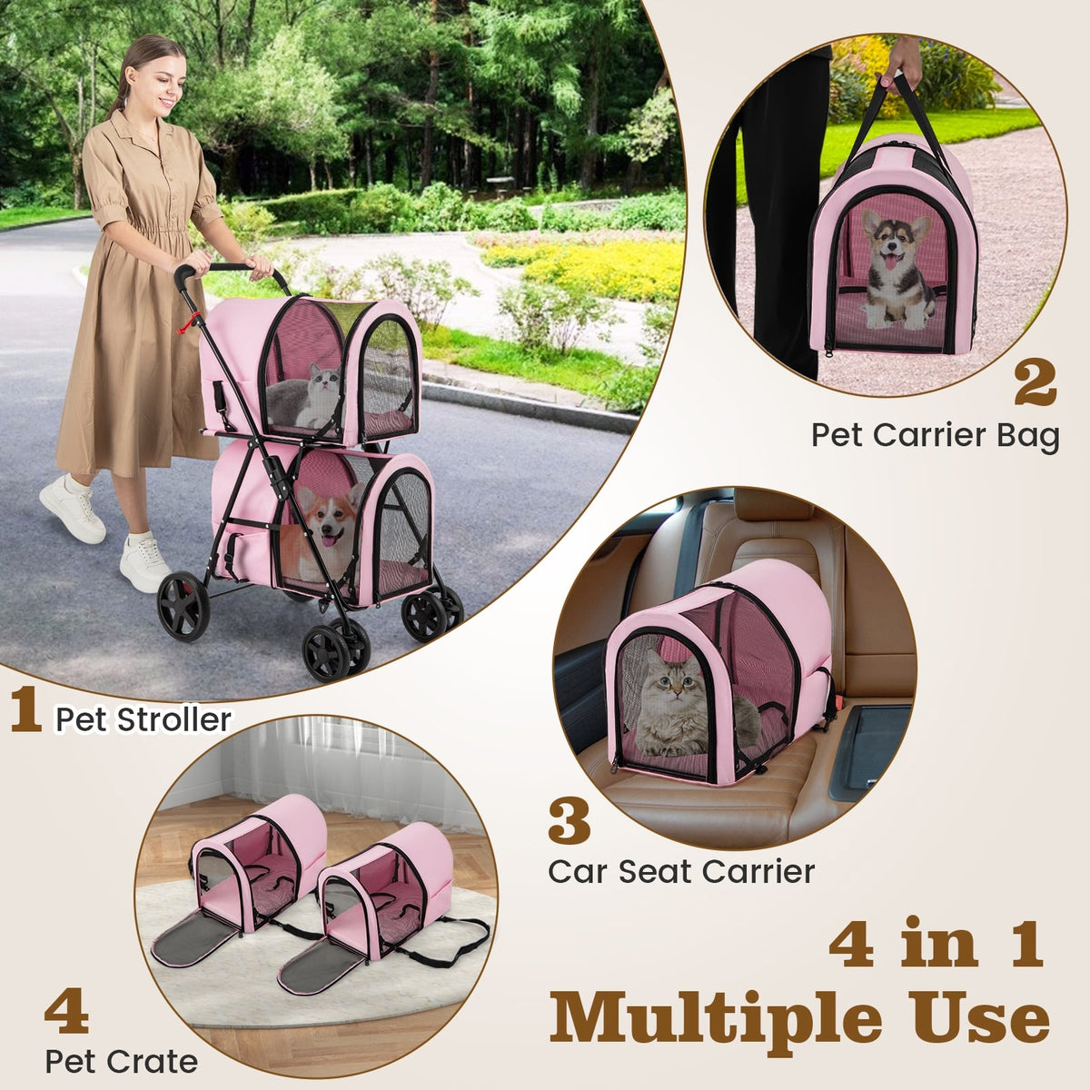 4-in-1 Double Pet Stroller with Detachable Carrier and Travel Carriage-Pink-Dog Supplies-DECOROLALA