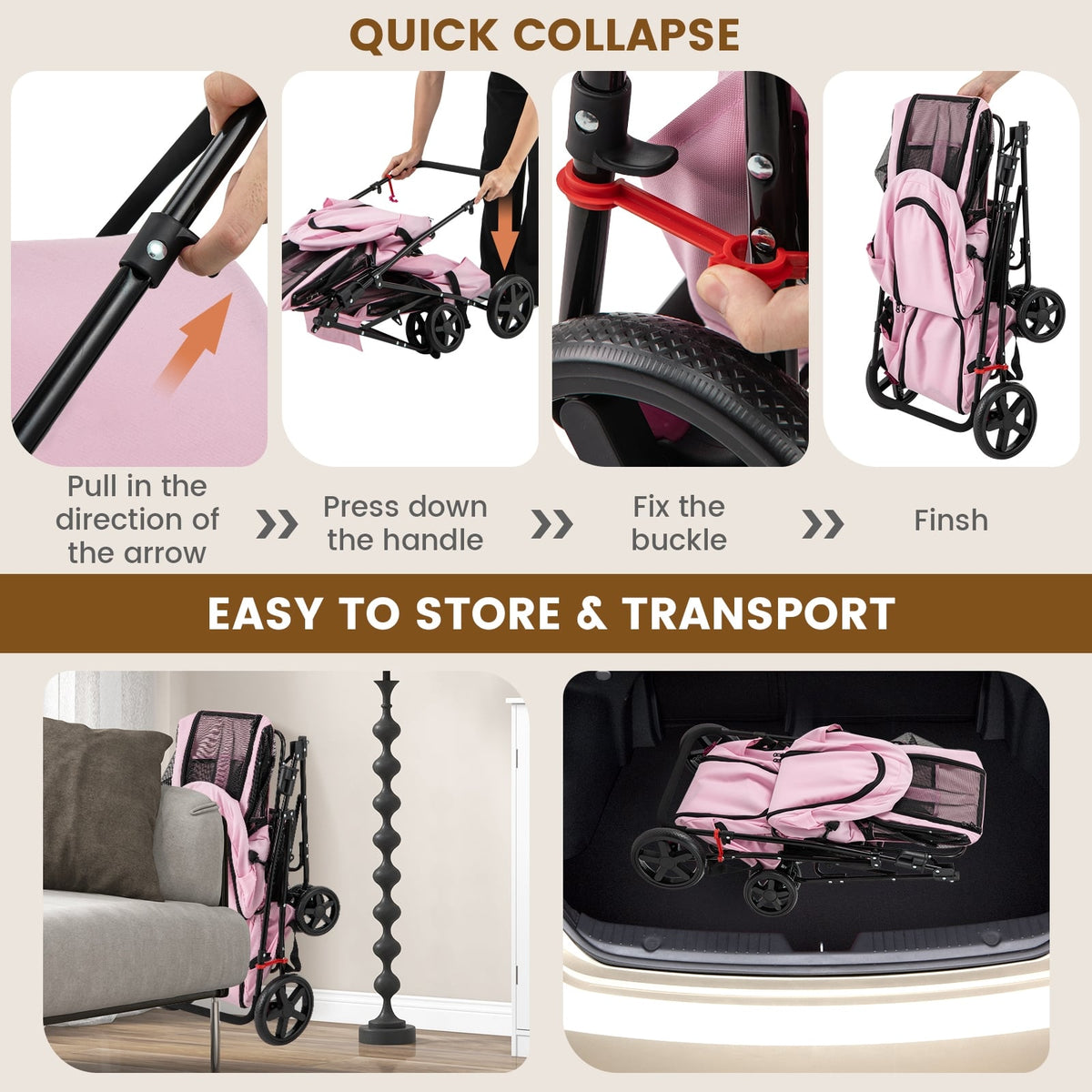 4-in-1 Double Pet Stroller with Detachable Carrier and Travel Carriage-Pink-Dog Supplies-DECOROLALA