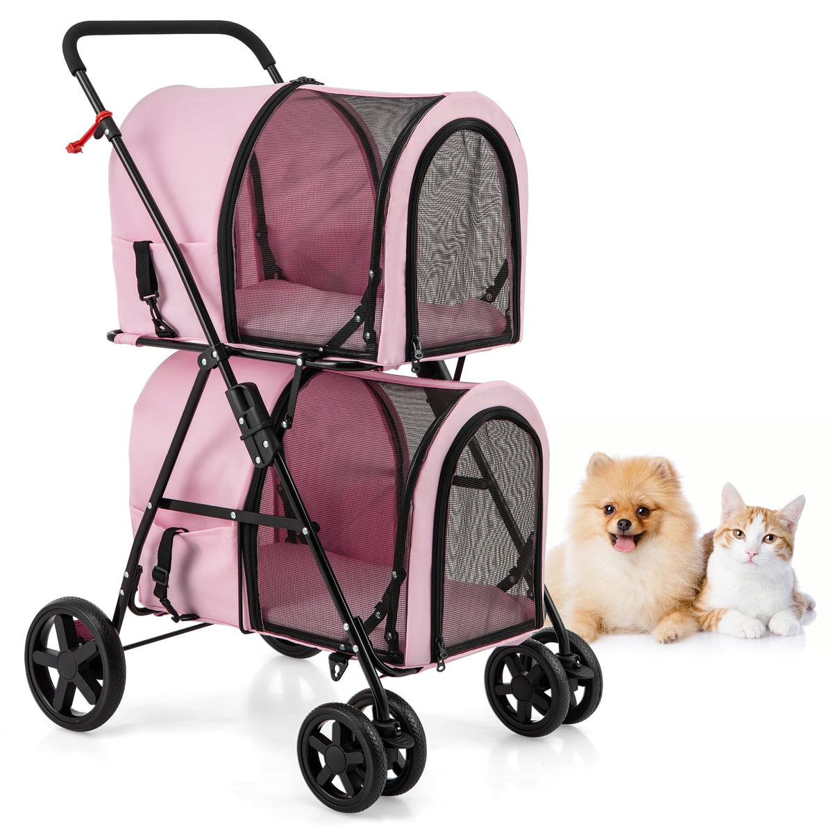 4-in-1 Double Pet Stroller with Detachable Carrier and Travel Carriage-Pink-Dog Supplies-DECOROLALA