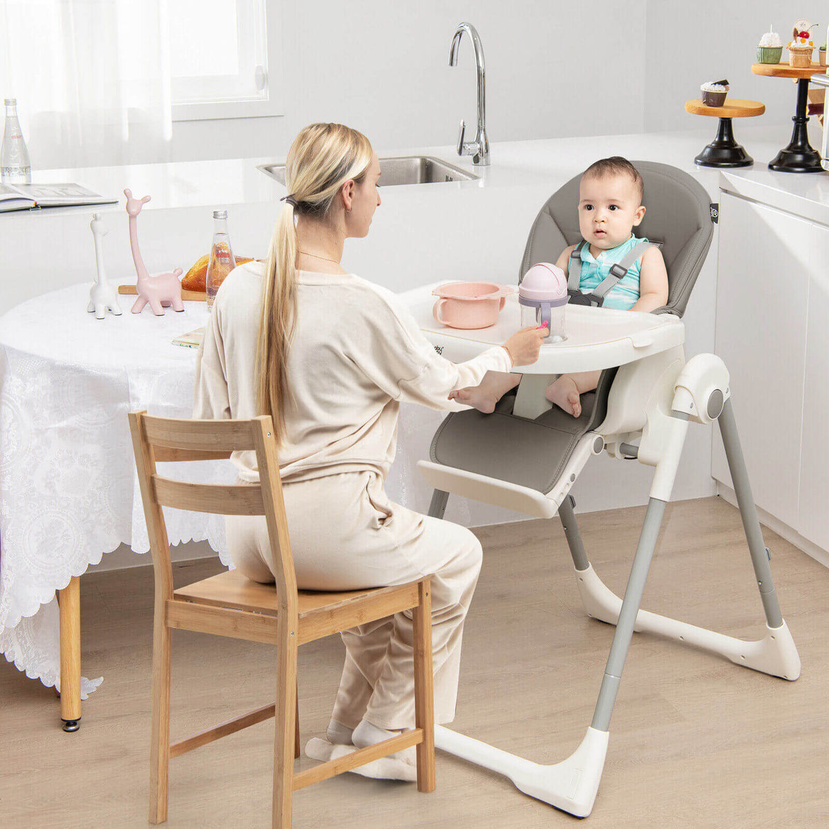 4-in-1 Foldable Baby High Chair - 7 Heights Gray-High Chairs-DECOROLALA