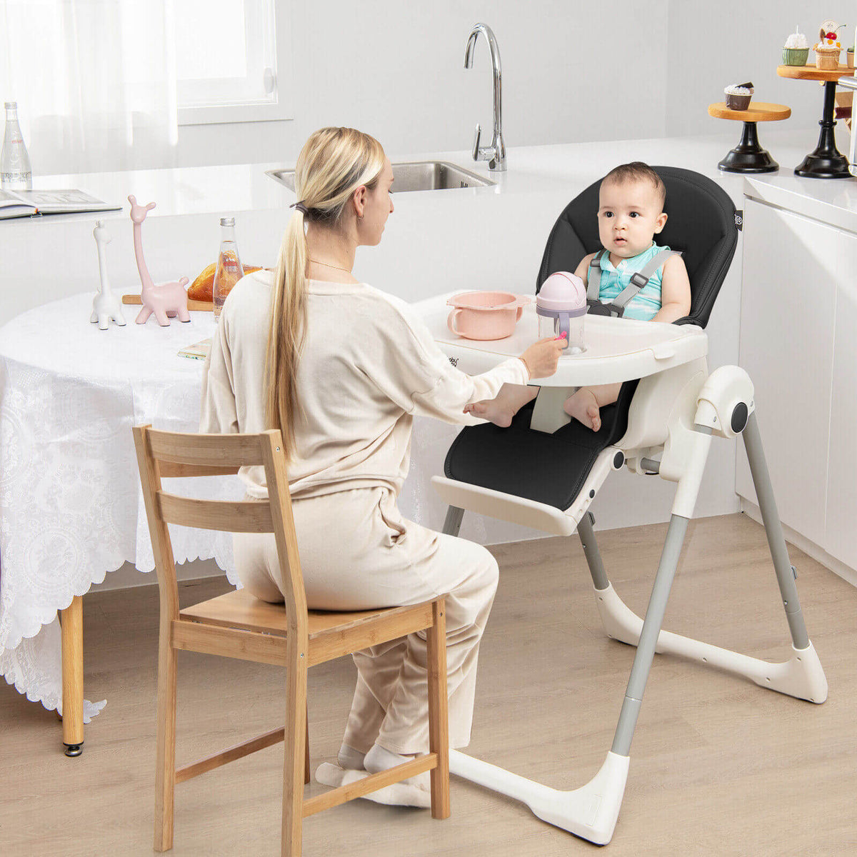 4-in-1 Foldable Baby High Chair with 7 Adjustable Heights and Free Toys Bar-Black-High Chairs-DECOROLALA