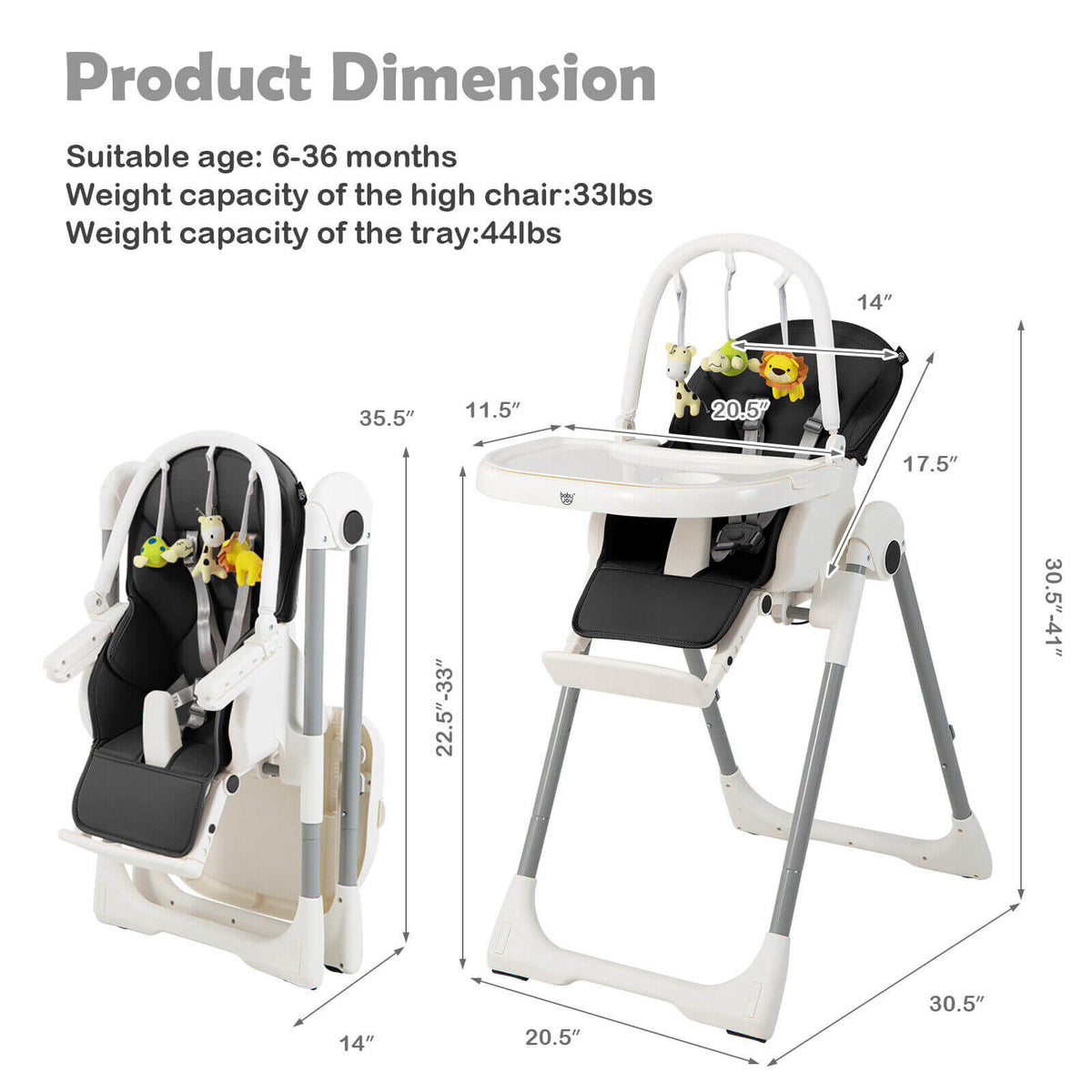 4-in-1 Foldable Baby High Chair with 7 Adjustable Heights and Free Toys Bar-Black-High Chairs-DECOROLALA