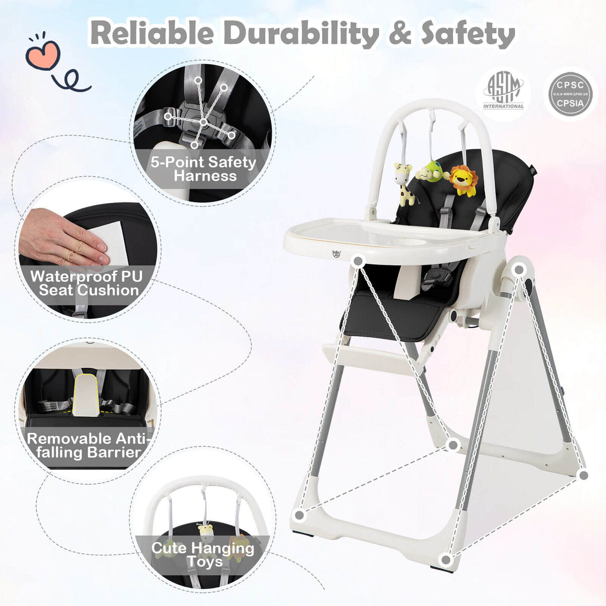 4-in-1 Foldable Baby High Chair with 7 Adjustable Heights and Free Toys Bar-Black-High Chairs-DECOROLALA