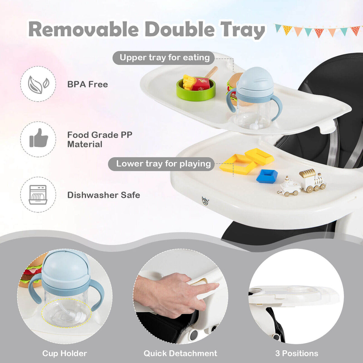 4-in-1 Foldable Baby High Chair with 7 Adjustable Heights and Free Toys Bar-Black-High Chairs-DECOROLALA