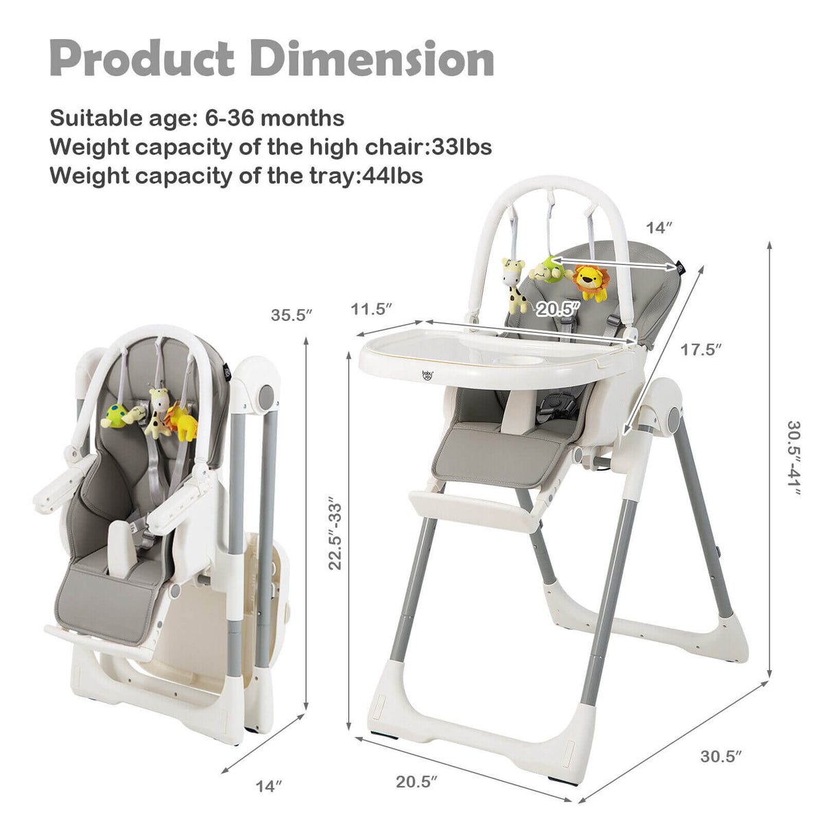4-in-1 Foldable Baby High Chair with 7 Adjustable Heights and Free Toys Bar-Gray-High Chairs-DECOROLALA