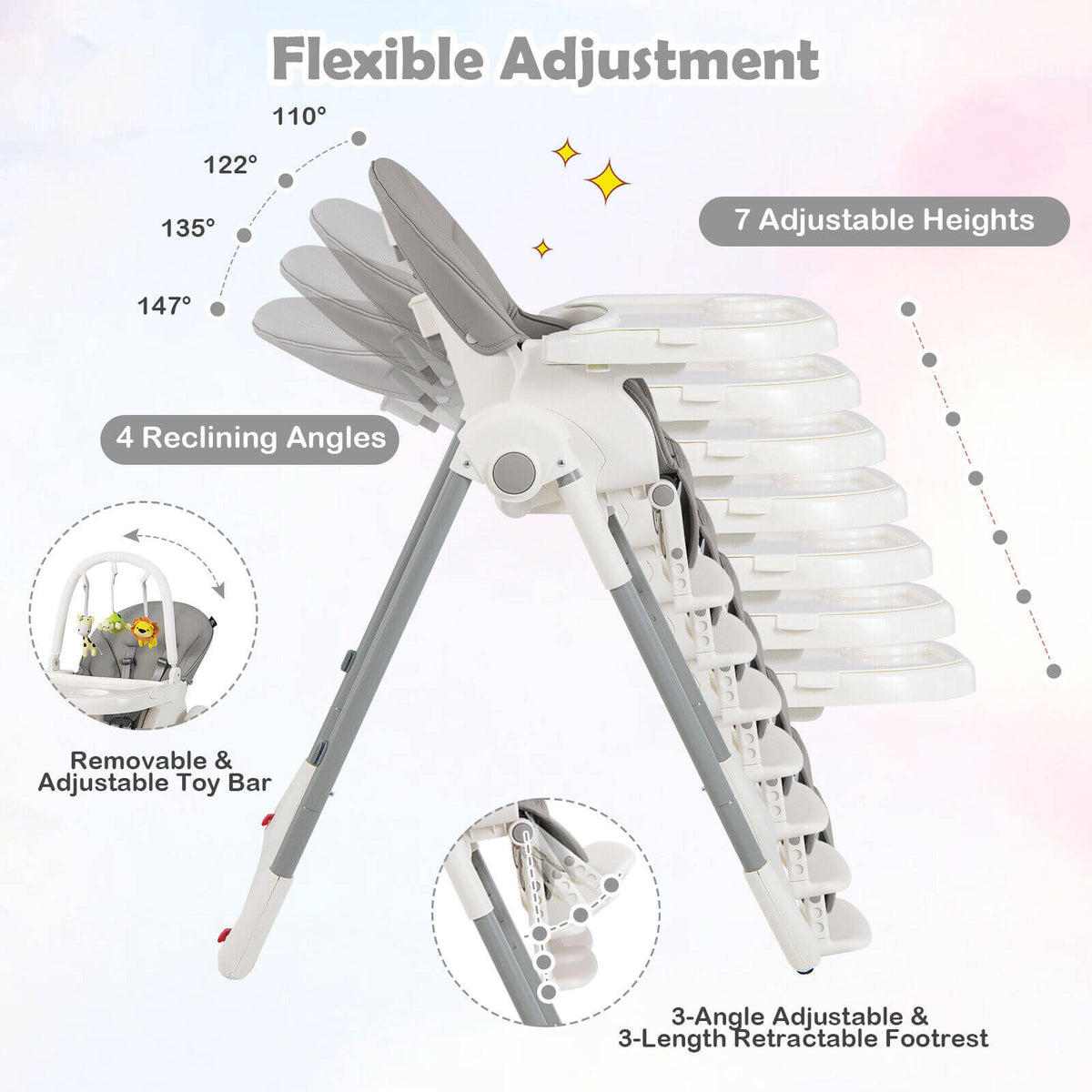 4-in-1 Foldable Baby High Chair with 7 Adjustable Heights and Free Toys Bar-Gray-High Chairs-DECOROLALA