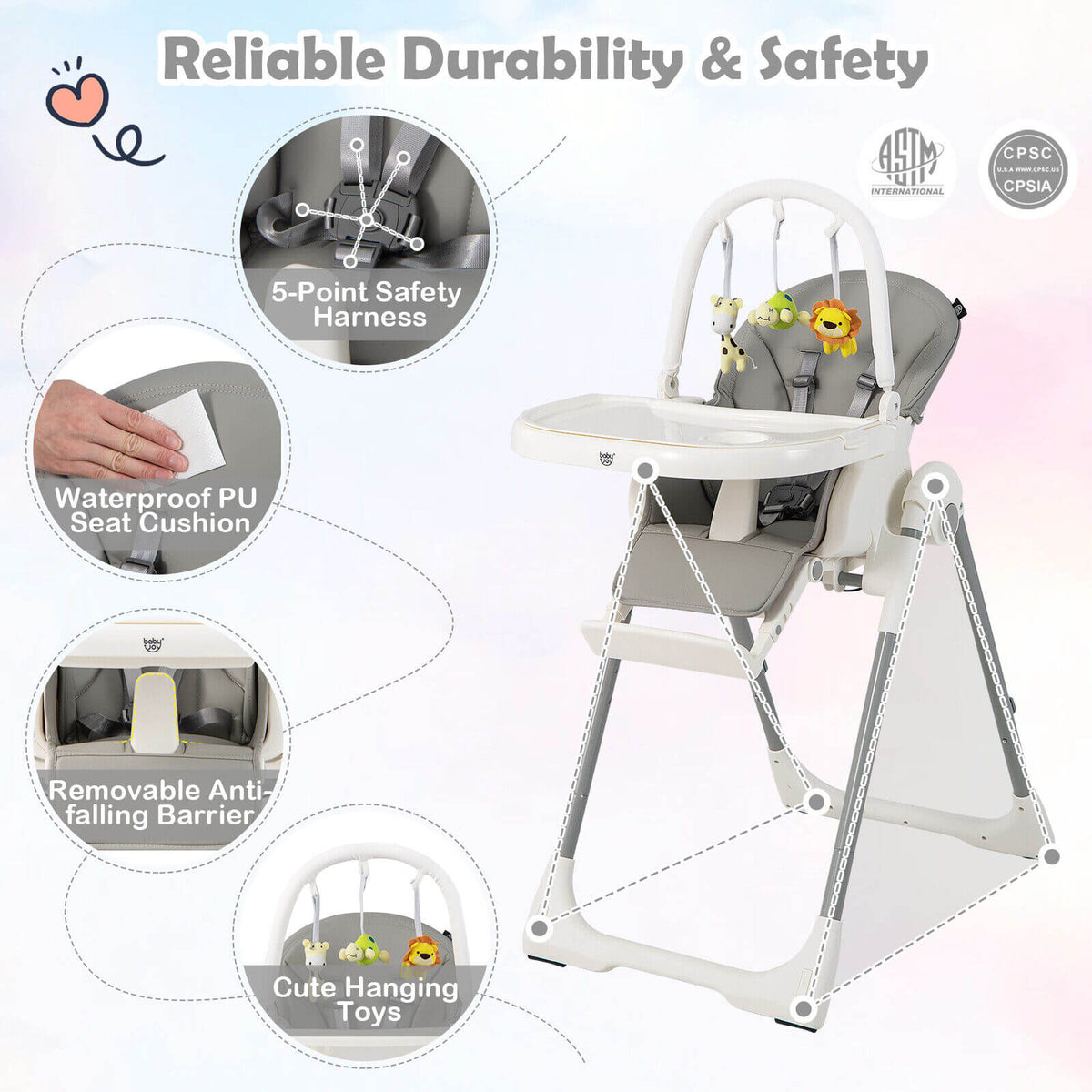 4-in-1 Foldable Baby High Chair with 7 Adjustable Heights and Free Toys Bar-Gray-High Chairs-DECOROLALA