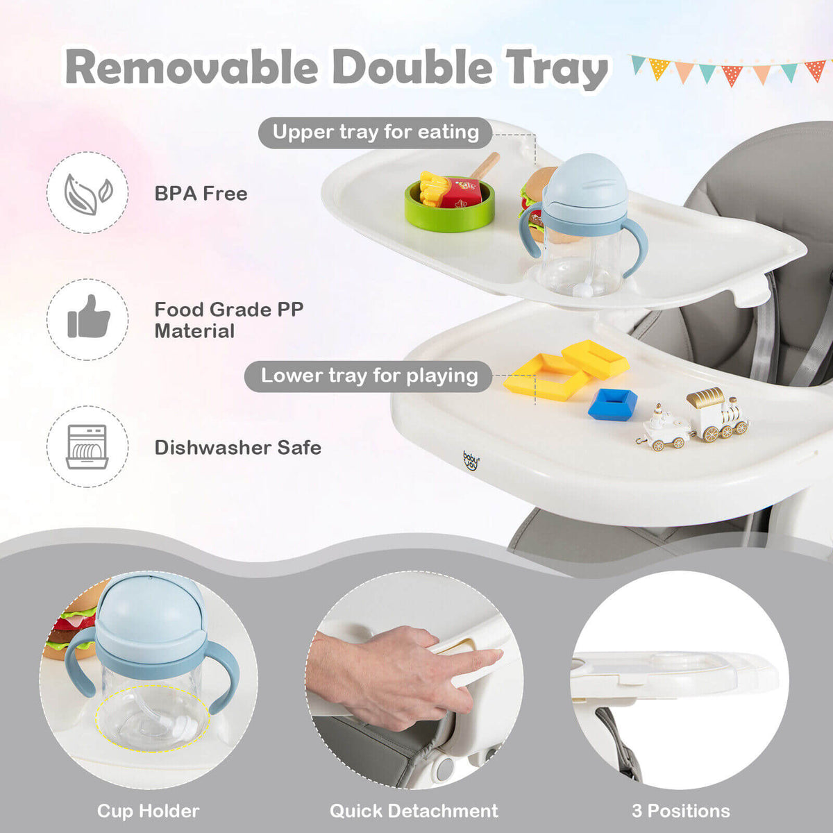 4-in-1 Foldable Baby High Chair with 7 Adjustable Heights and Free Toys Bar-Gray-High Chairs-DECOROLALA