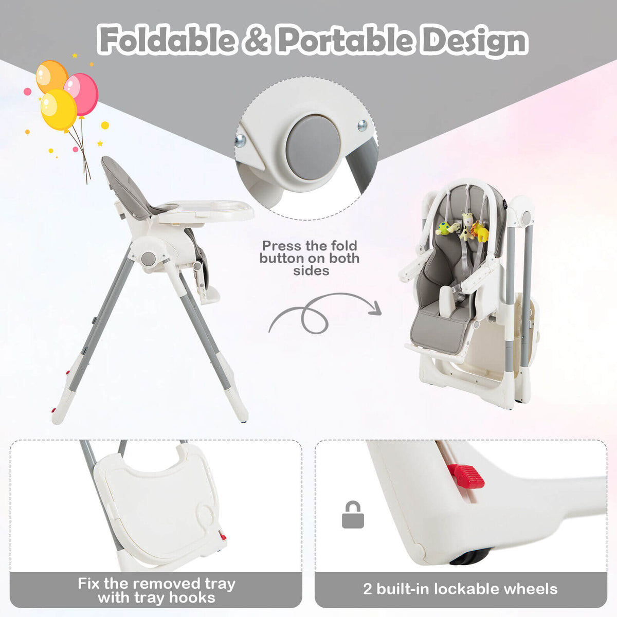 4-in-1 Foldable Baby High Chair with 7 Adjustable Heights and Free Toys Bar-Gray-High Chairs-DECOROLALA