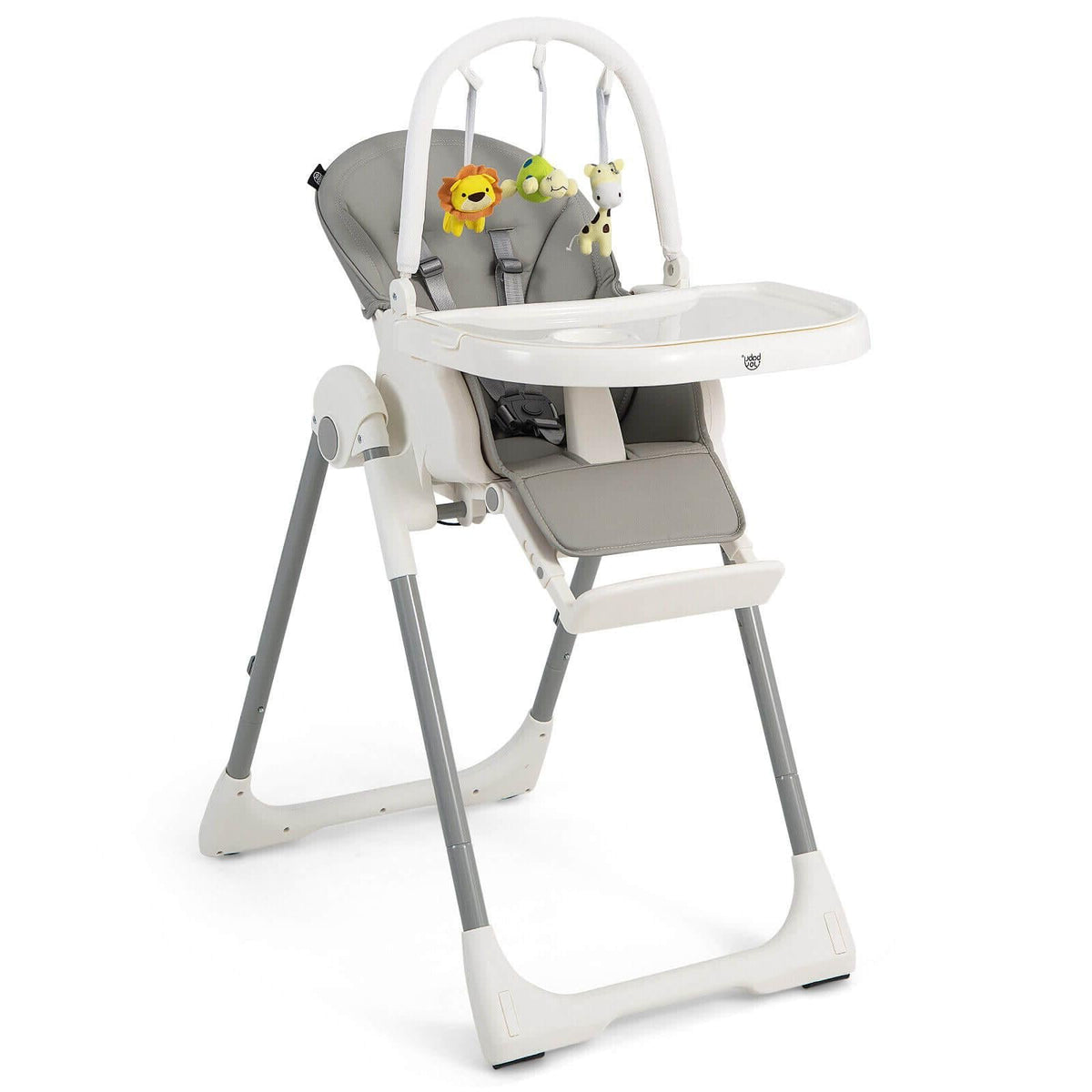 4-in-1 Foldable Baby High Chair with 7 Adjustable Heights and Free Toys Bar-Gray-High Chairs-DECOROLALA