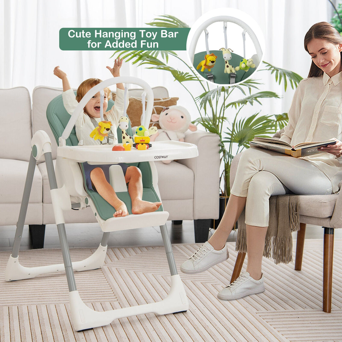 4-in-1 Foldable Baby High Chair with 7 Adjustable Heights and Free Toys Bar-Green-High Chairs-DECOROLALA