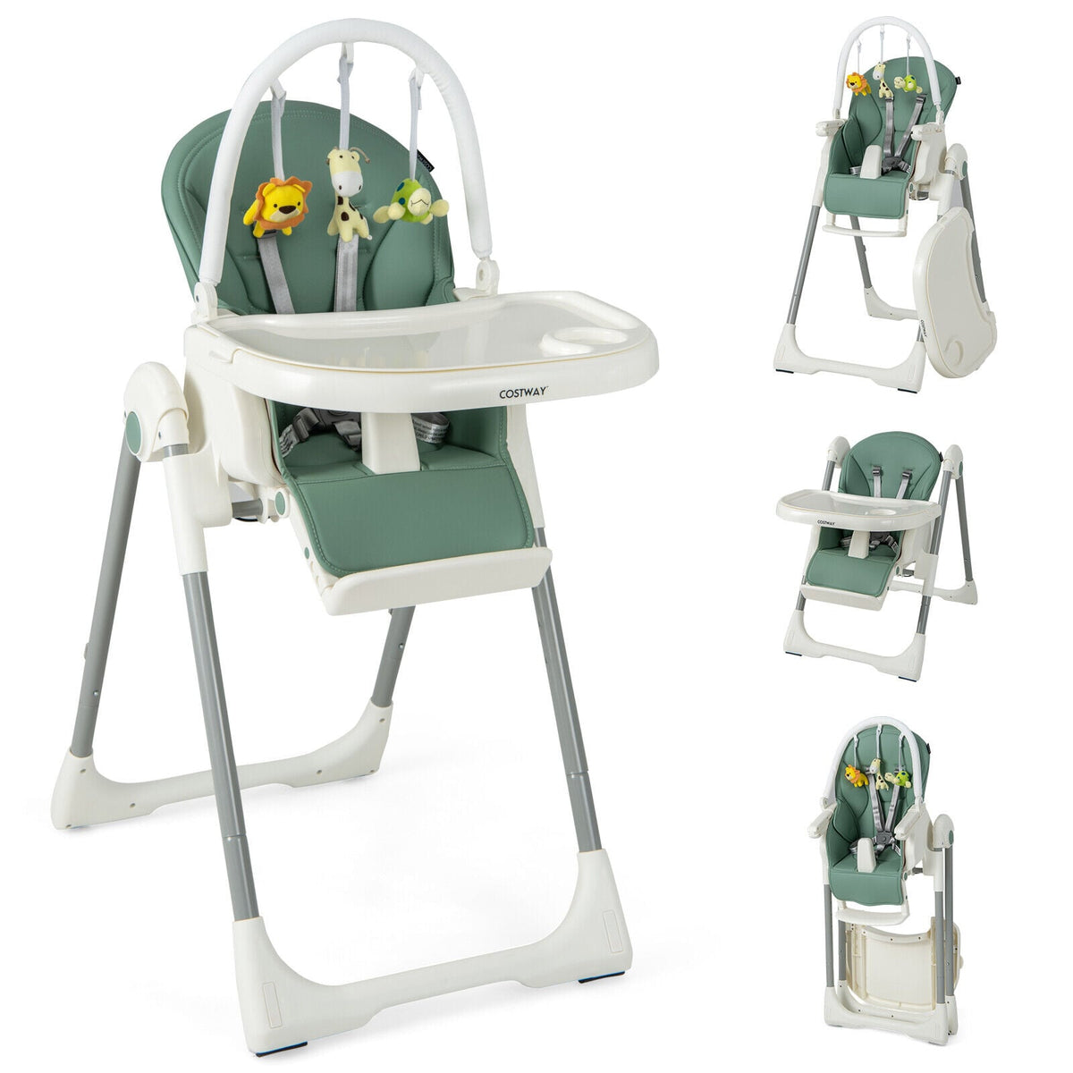 4-in-1 Foldable Baby High Chair with 7 Adjustable Heights and Free Toys Bar-Green-High Chairs-DECOROLALA