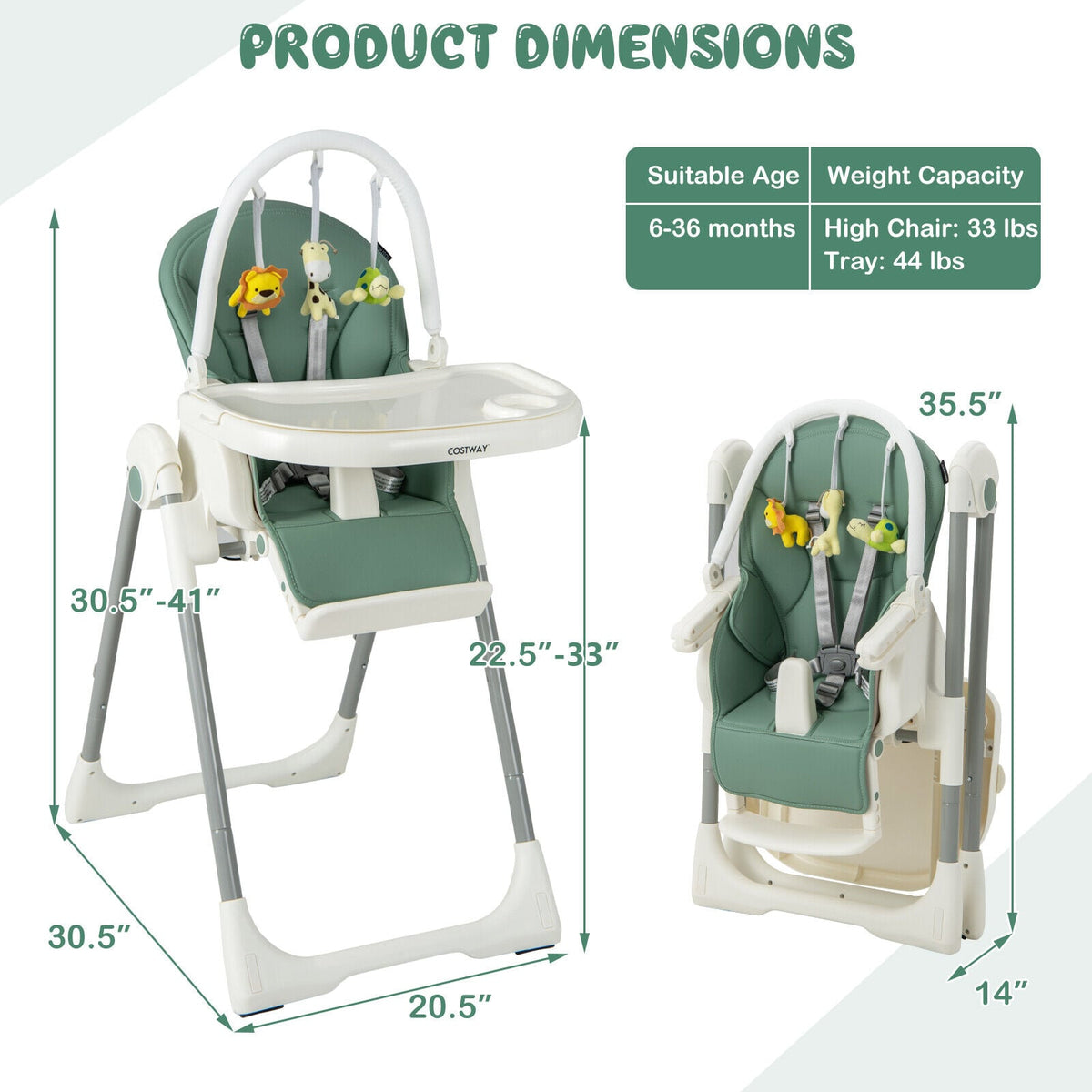 4-in-1 Foldable Baby High Chair with 7 Adjustable Heights and Free Toys Bar-Green-High Chairs-DECOROLALA