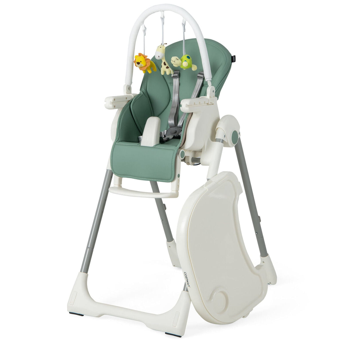 4-in-1 Foldable Baby High Chair with 7 Adjustable Heights and Free Toys Bar-Green-High Chairs-DECOROLALA