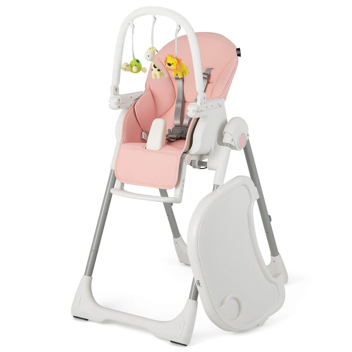 4-in-1 Foldable Baby High Chair with 7 Adjustable Heights and Free Toys Bar-Pink-High Chairs-DECOROLALA