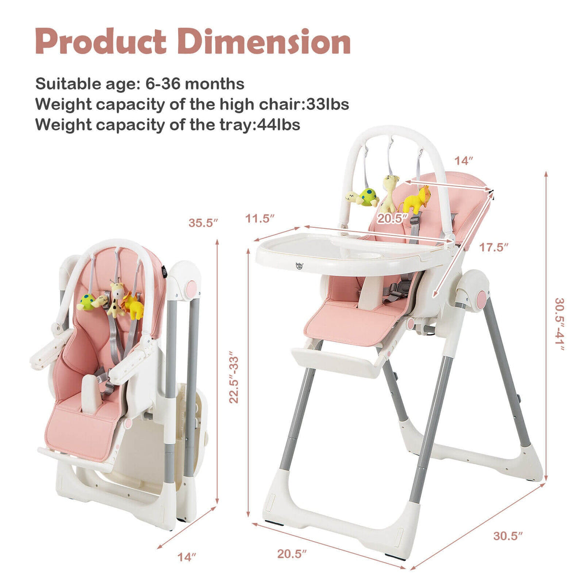 4-in-1 Foldable Baby High Chair with 7 Adjustable Heights and Free Toys Bar-Pink-High Chairs-DECOROLALA