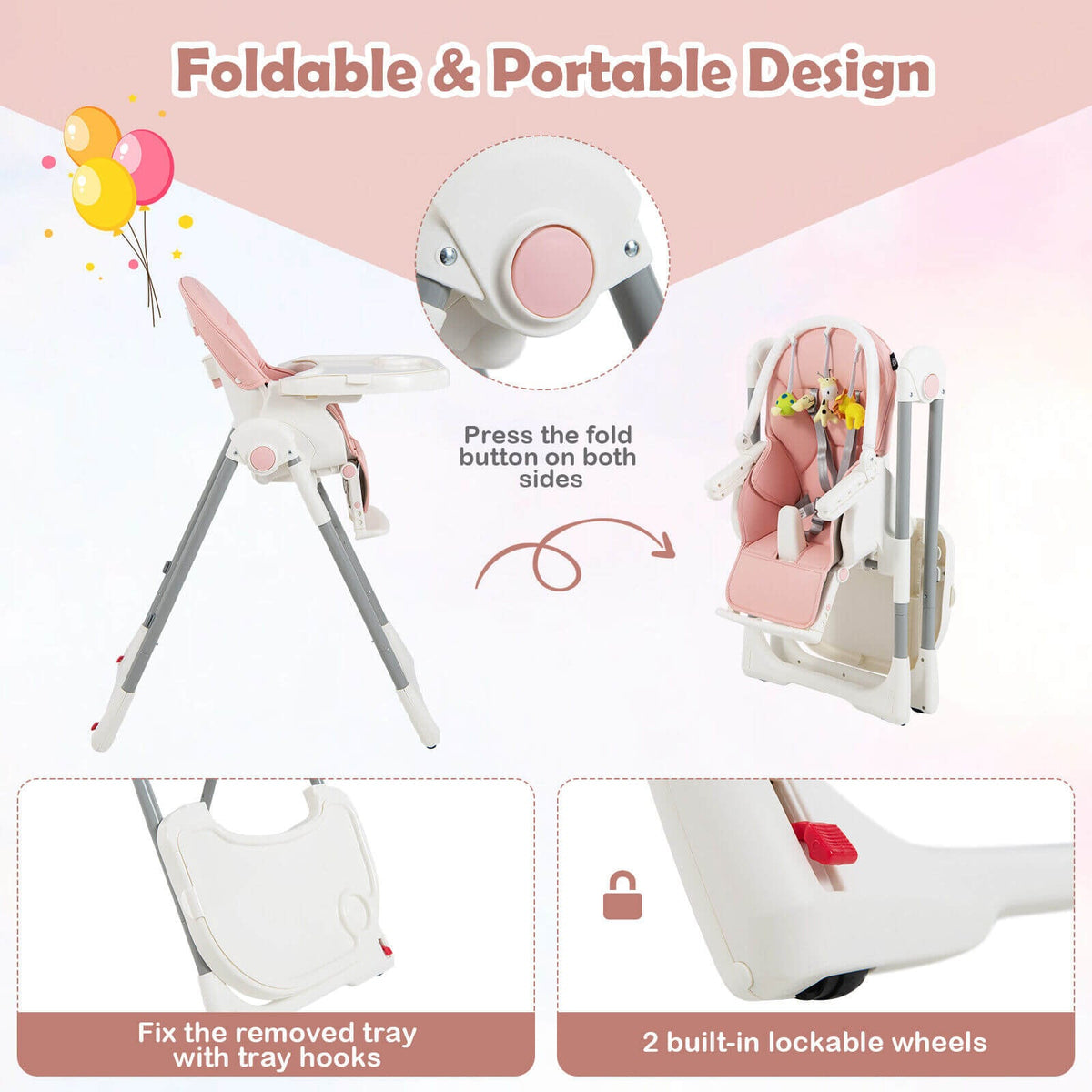 4-in-1 Foldable Baby High Chair with 7 Adjustable Heights and Free Toys Bar-Pink-High Chairs-DECOROLALA