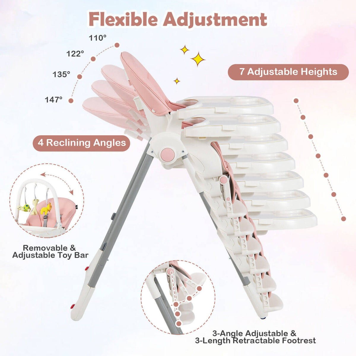 4-in-1 Foldable Baby High Chair with 7 Adjustable Heights and Free Toys Bar-Pink-High Chairs-DECOROLALA