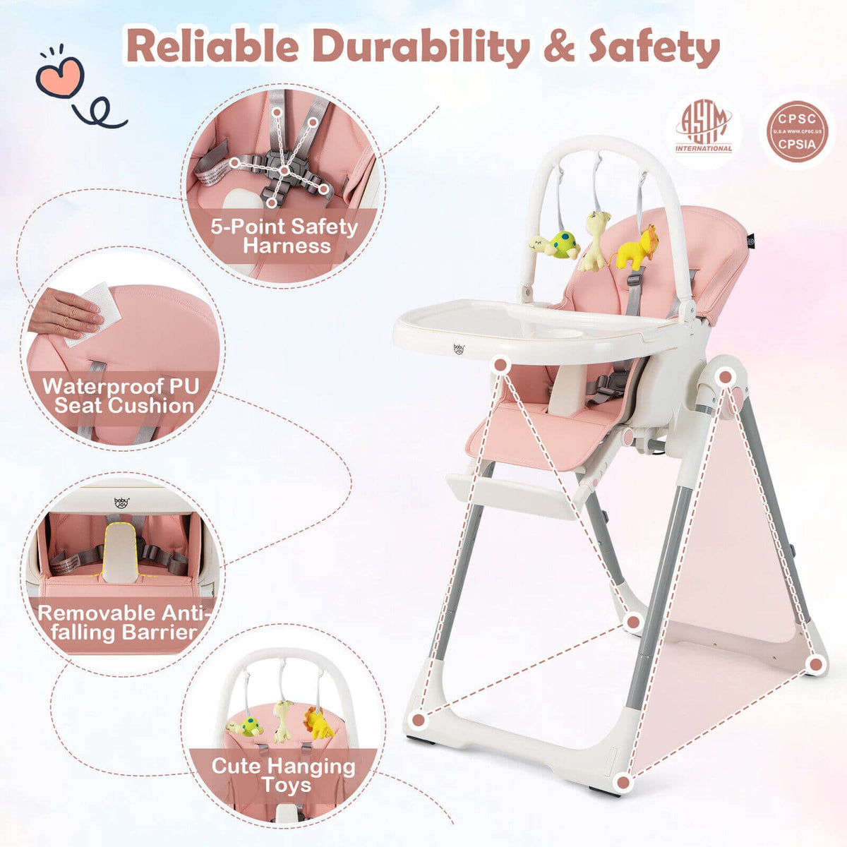 4-in-1 Foldable Baby High Chair with 7 Adjustable Heights and Free Toys Bar-Pink-High Chairs-DECOROLALA
