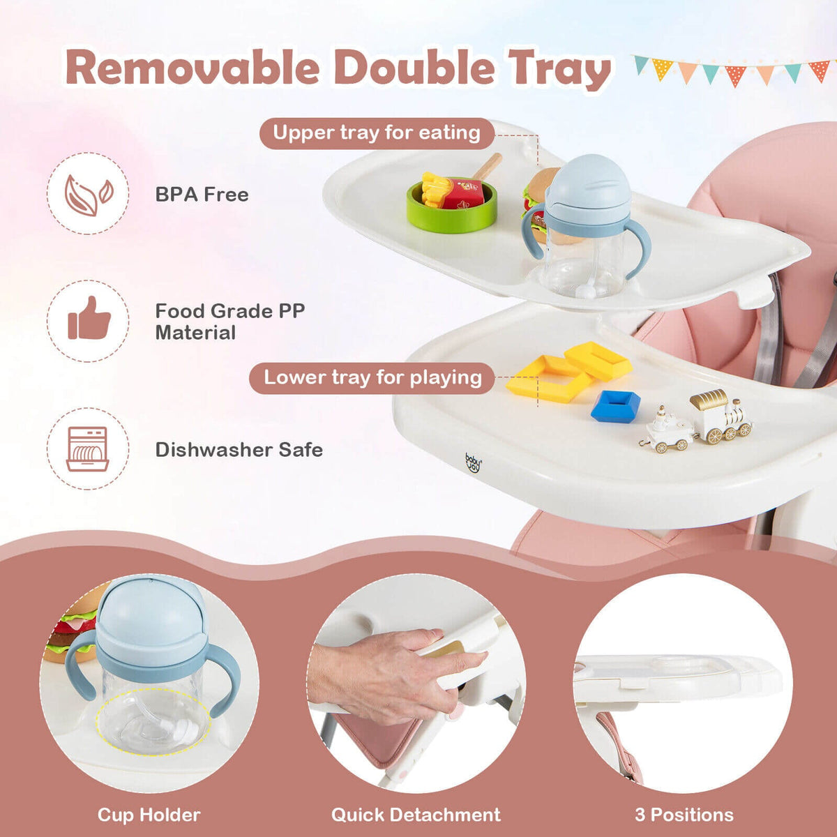 4-in-1 Foldable Baby High Chair with 7 Adjustable Heights and Free Toys Bar-Pink-High Chairs-DECOROLALA