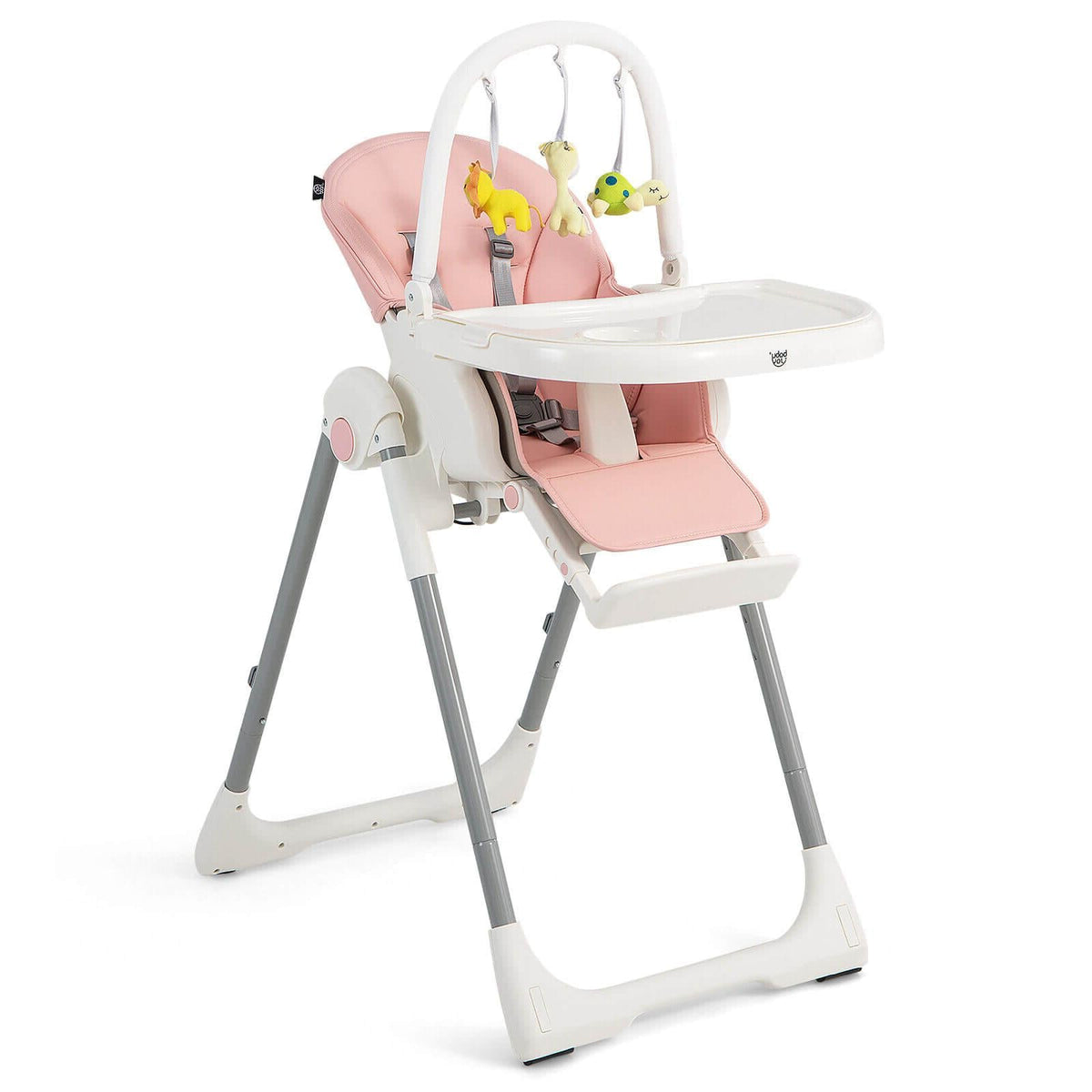 4-in-1 Foldable Baby High Chair with 7 Adjustable Heights and Free Toys Bar-Pink-High Chairs-DECOROLALA