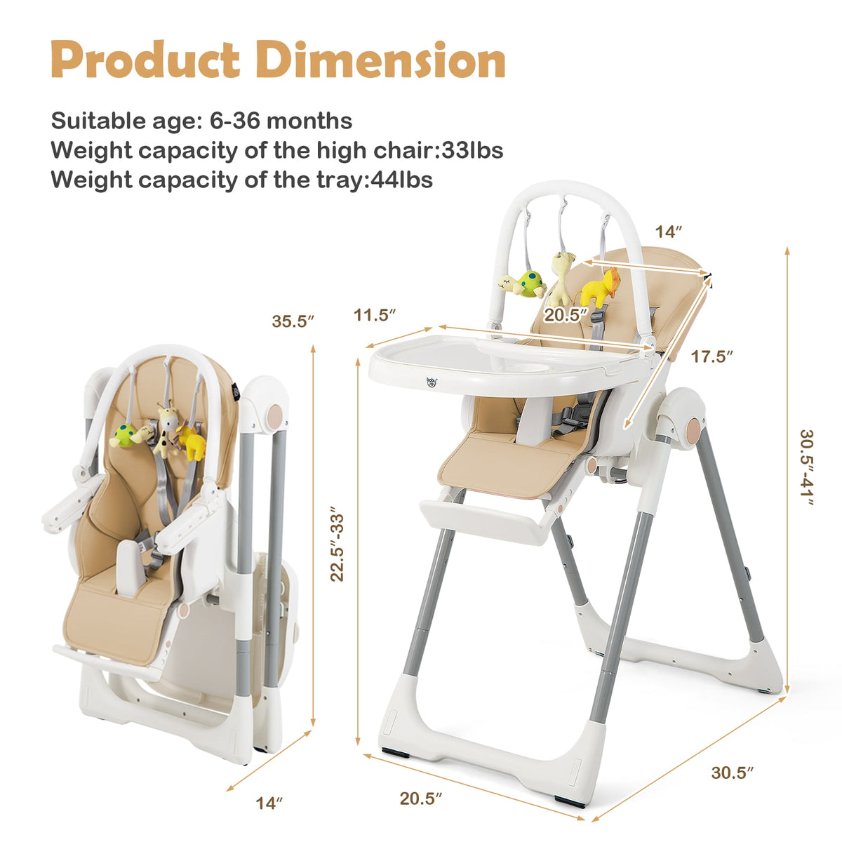 4-in-1 Foldable Baby High Chair with 7 Adjustable Heights and Free Toys Bar-Yellow-High Chairs-DECOROLALA