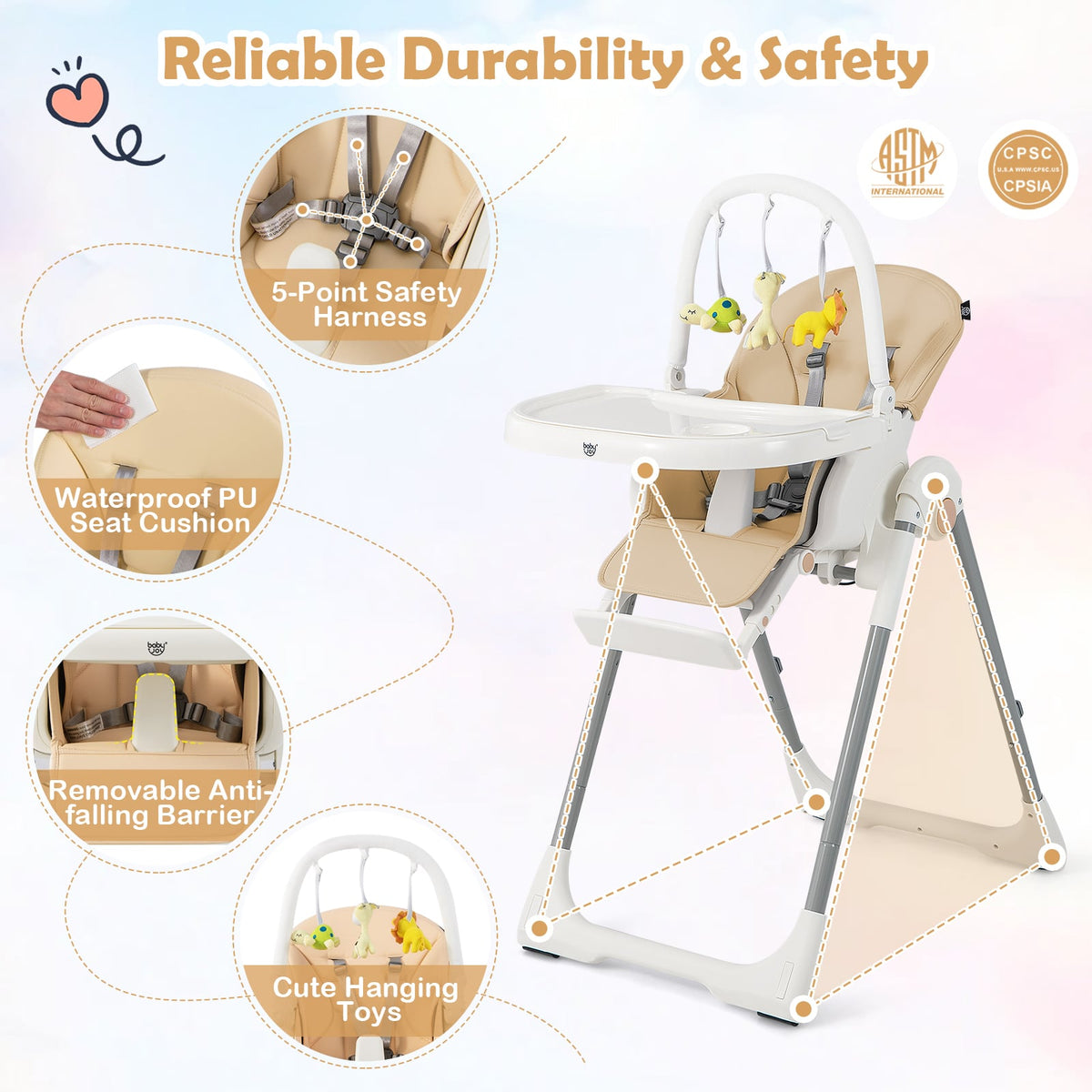 4-in-1 Foldable Baby High Chair with 7 Adjustable Heights and Free Toys Bar-Yellow-High Chairs-DECOROLALA