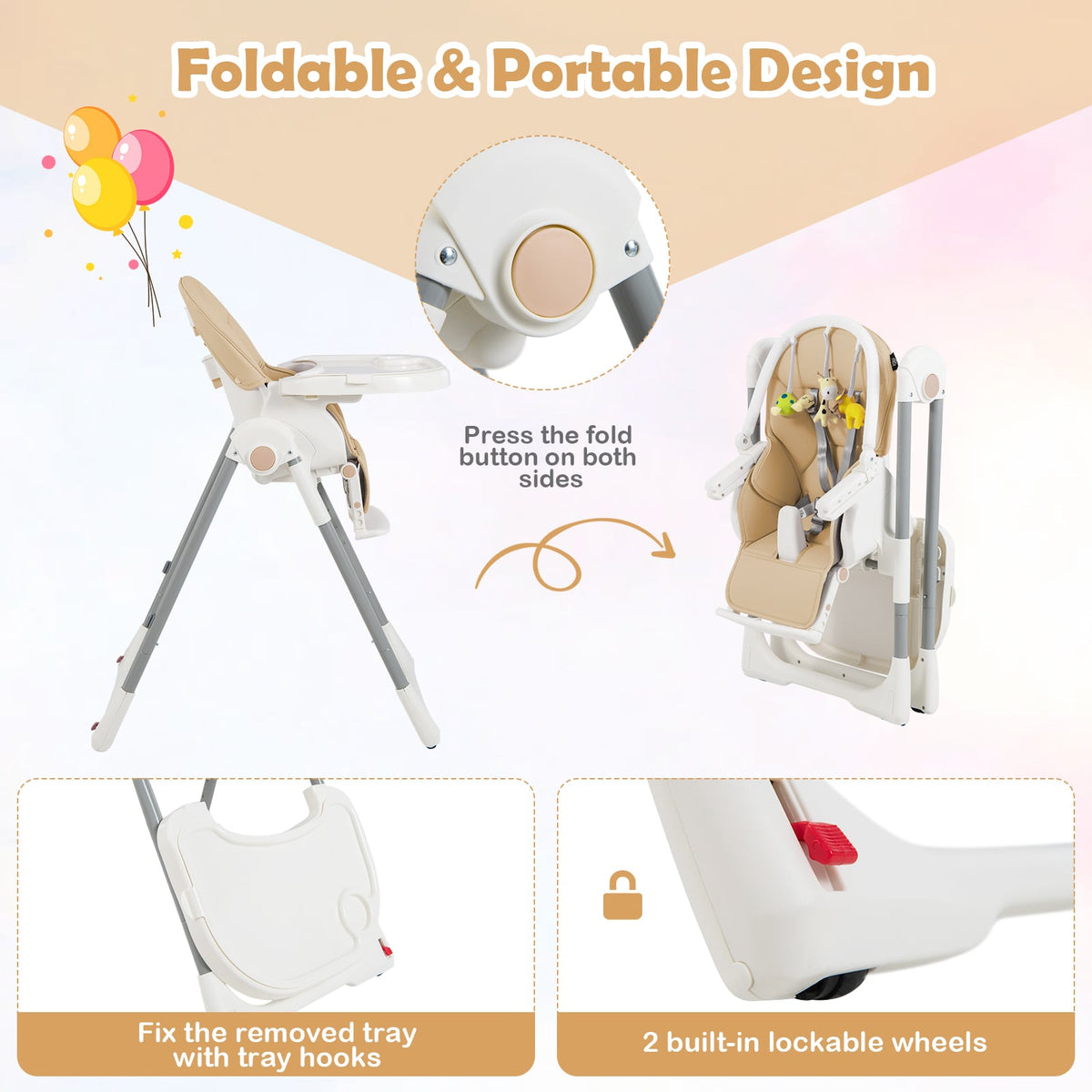 4-in-1 Foldable Baby High Chair with 7 Adjustable Heights and Free Toys Bar-Yellow-High Chairs-DECOROLALA