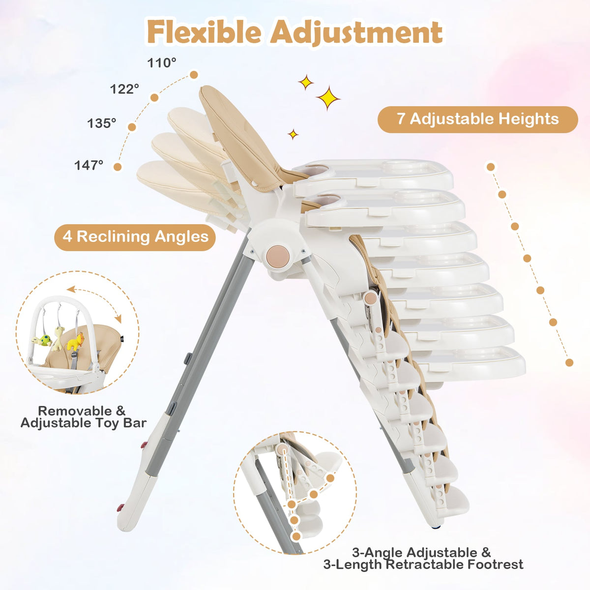 4-in-1 Foldable Baby High Chair with 7 Adjustable Heights and Free Toys Bar-Yellow-High Chairs-DECOROLALA