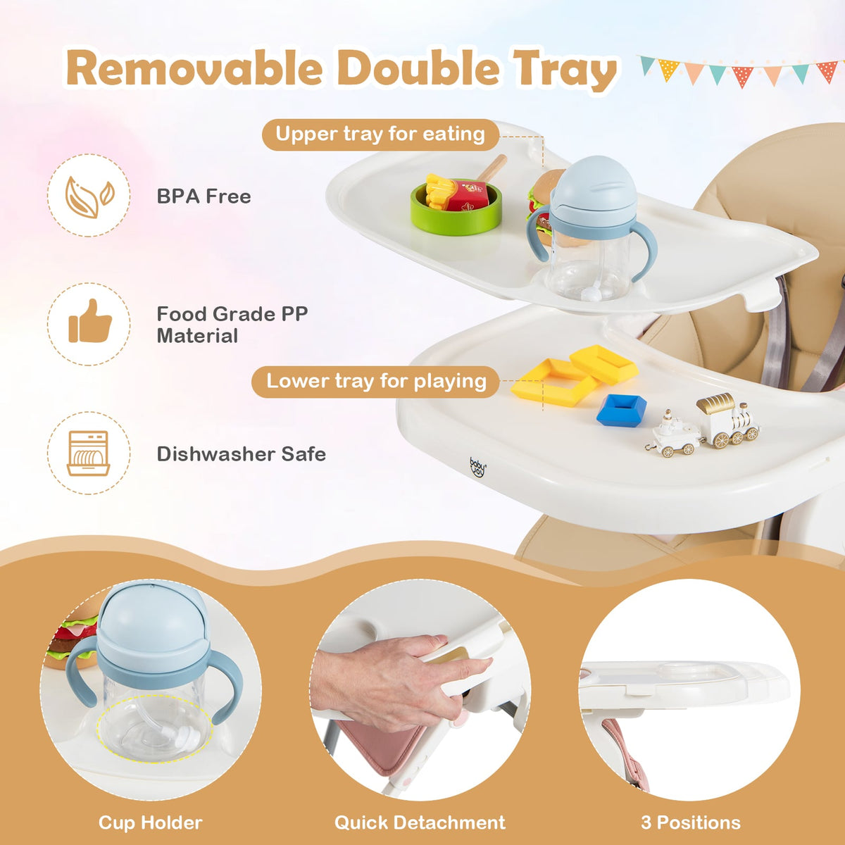 4-in-1 Foldable Baby High Chair with 7 Adjustable Heights and Free Toys Bar-Yellow-High Chairs-DECOROLALA