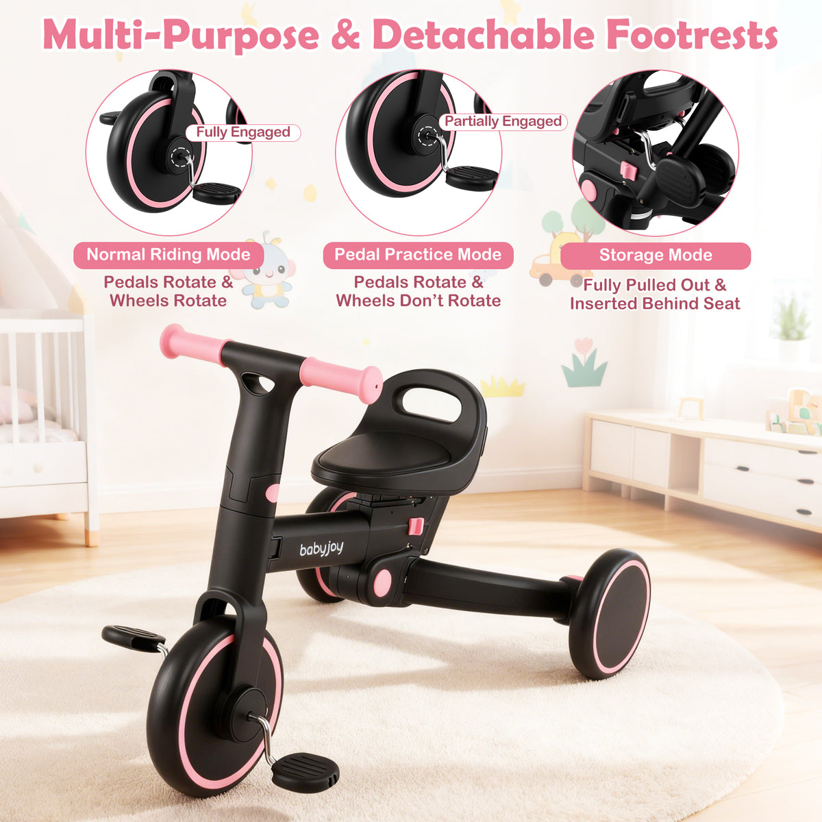 4-in-1 Foldable Toddler Tricycle with Push Handle with Adjustable Seat