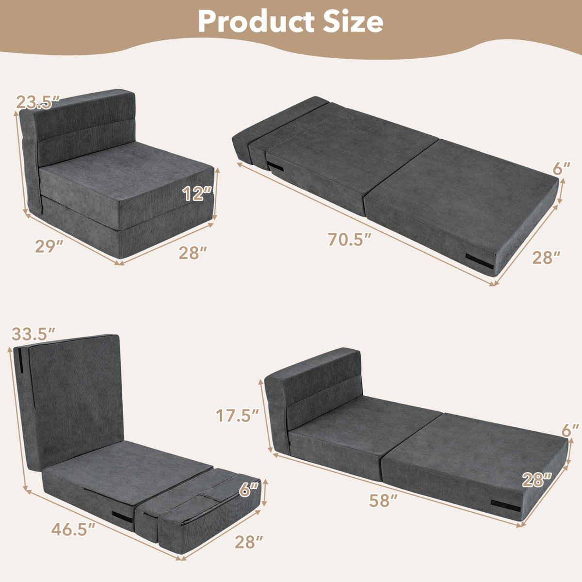 4-in-1 Folding Sofa Bed - Gray Corduroy Convertible Sleeper Chair-Sofas & Loveseats-DECOROLALA